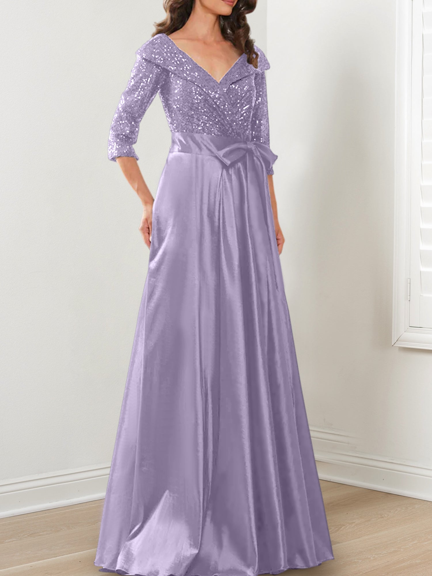 Vestidos de corte princesa/línea A con escote en V hasta el suelo para la madre de la novia 