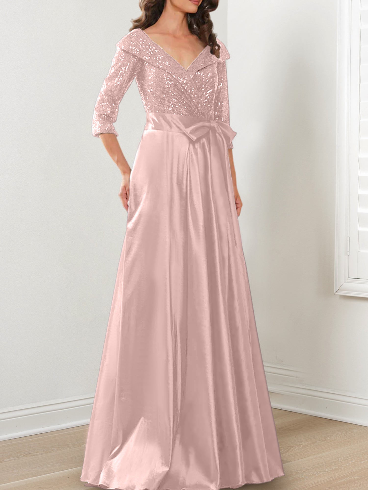 Vestidos de corte princesa/línea A con escote en V hasta el suelo para la madre de la novia 