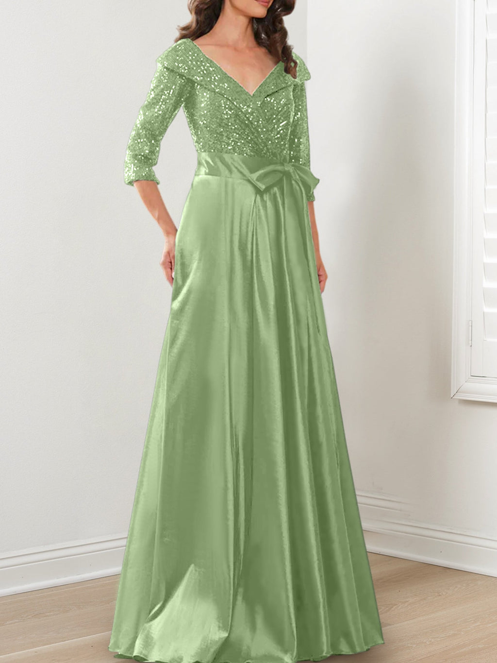 Vestidos de corte princesa/línea A con escote en V hasta el suelo para la madre de la novia 