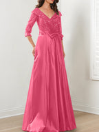 Vestidos de corte princesa/línea A con escote en V hasta el suelo para la madre de la novia 