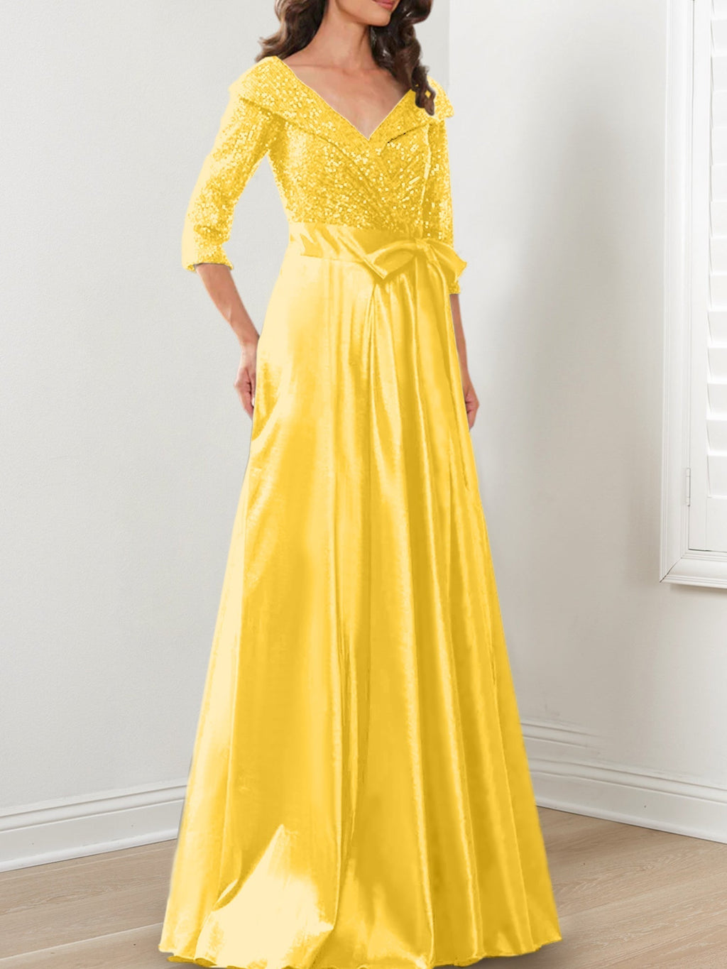 Vestidos de corte princesa/línea A con escote en V hasta el suelo para la madre de la novia 