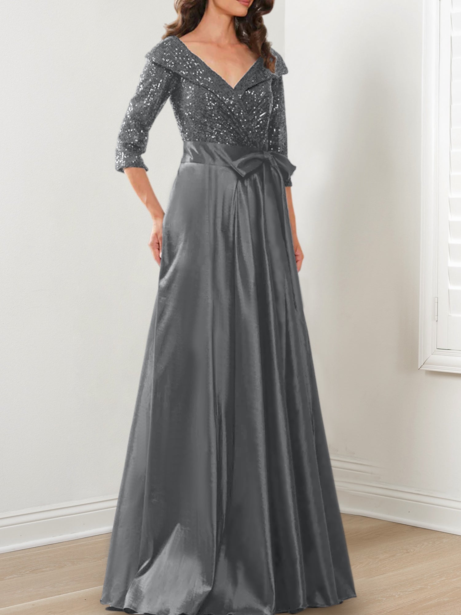 Vestidos de corte princesa/línea A con escote en V hasta el suelo para la madre de la novia 