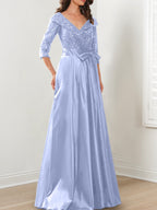 Vestidos de corte princesa/línea A con escote en V hasta el suelo para la madre de la novia 