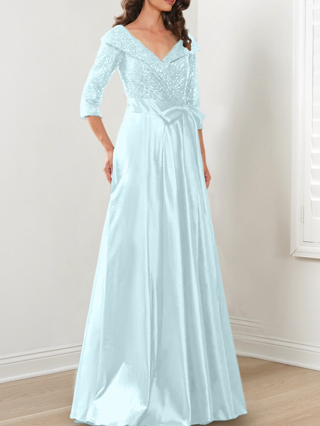 Vestidos de corte princesa/línea A con escote en V hasta el suelo para la madre de la novia 