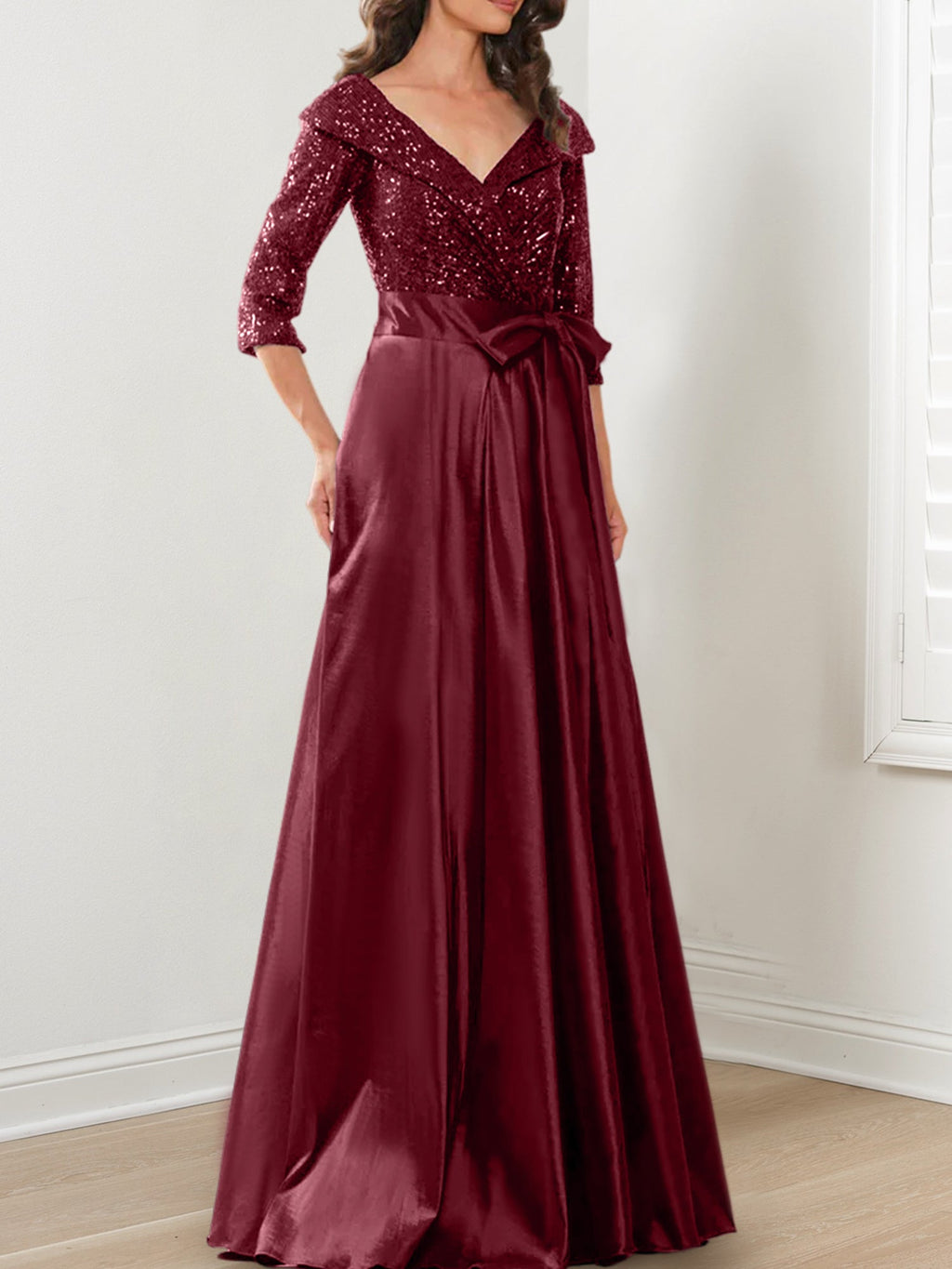 Vestidos de corte princesa/línea A con escote en V hasta el suelo para la madre de la novia 
