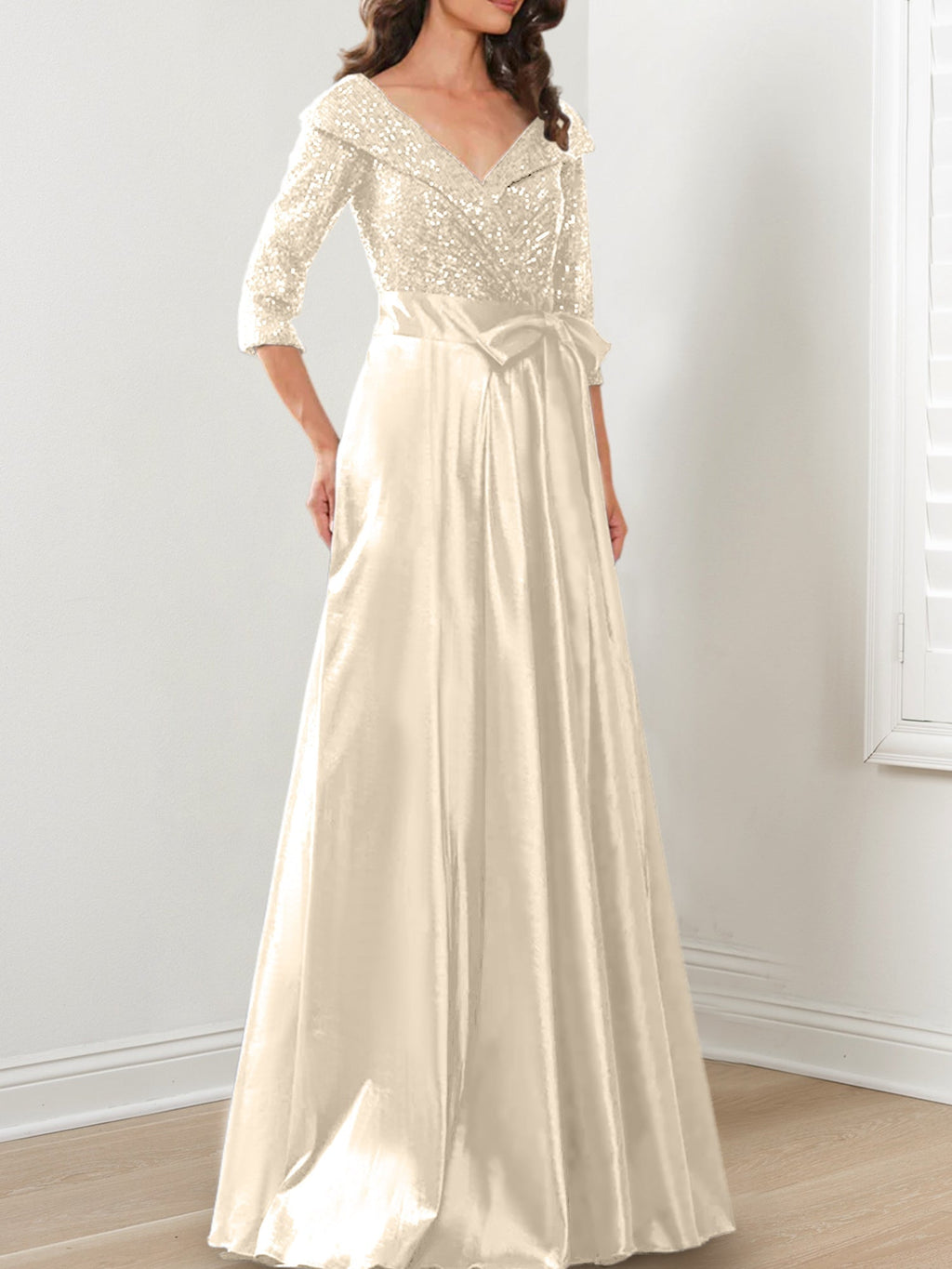 Vestidos de corte princesa/línea A con escote en V hasta el suelo para la madre de la novia 