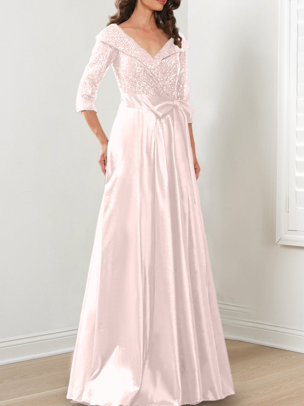 Vestidos de corte princesa/línea A con escote en V hasta el suelo para la madre de la novia 