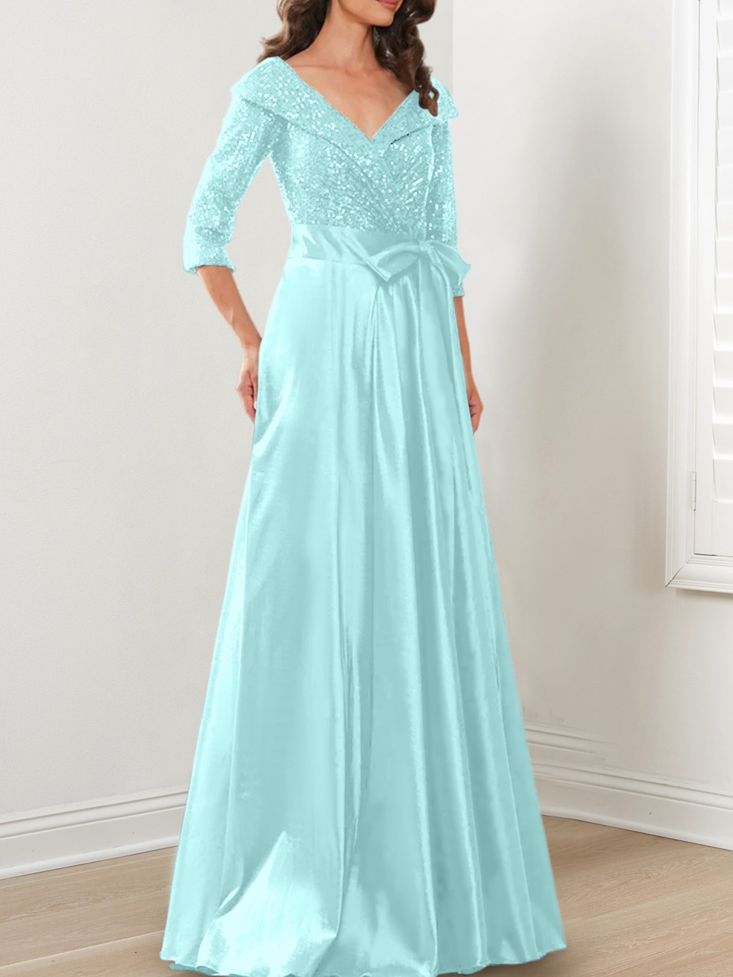 Vestidos de corte princesa/línea A con escote en V hasta el suelo para la madre de la novia 