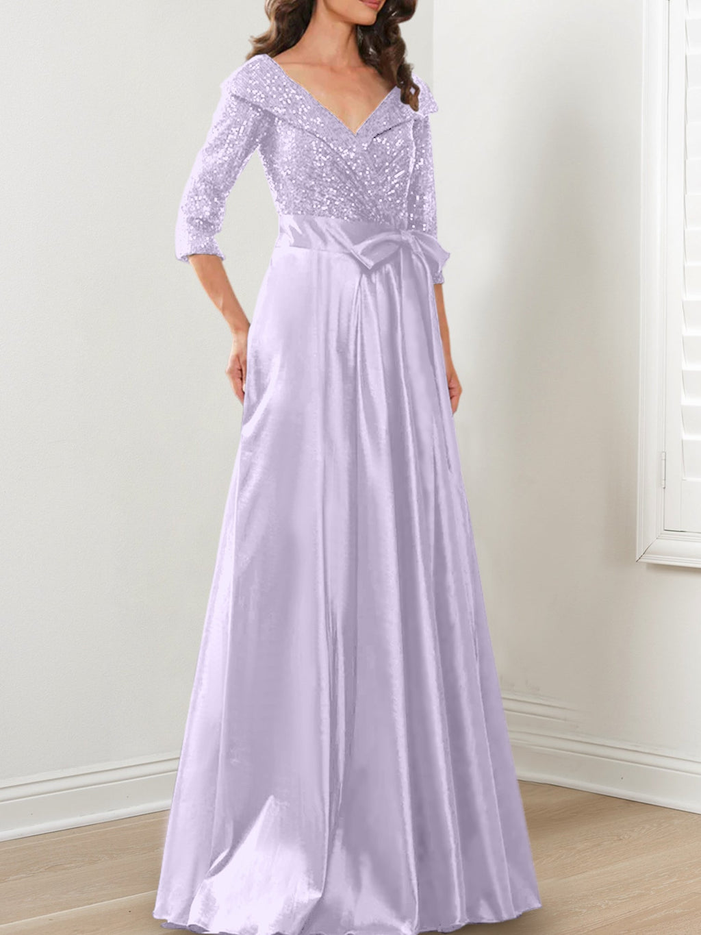 Vestidos de corte princesa/línea A con escote en V hasta el suelo para la madre de la novia 