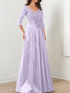Vestidos de corte princesa/línea A con escote en V hasta el suelo para la madre de la novia 
