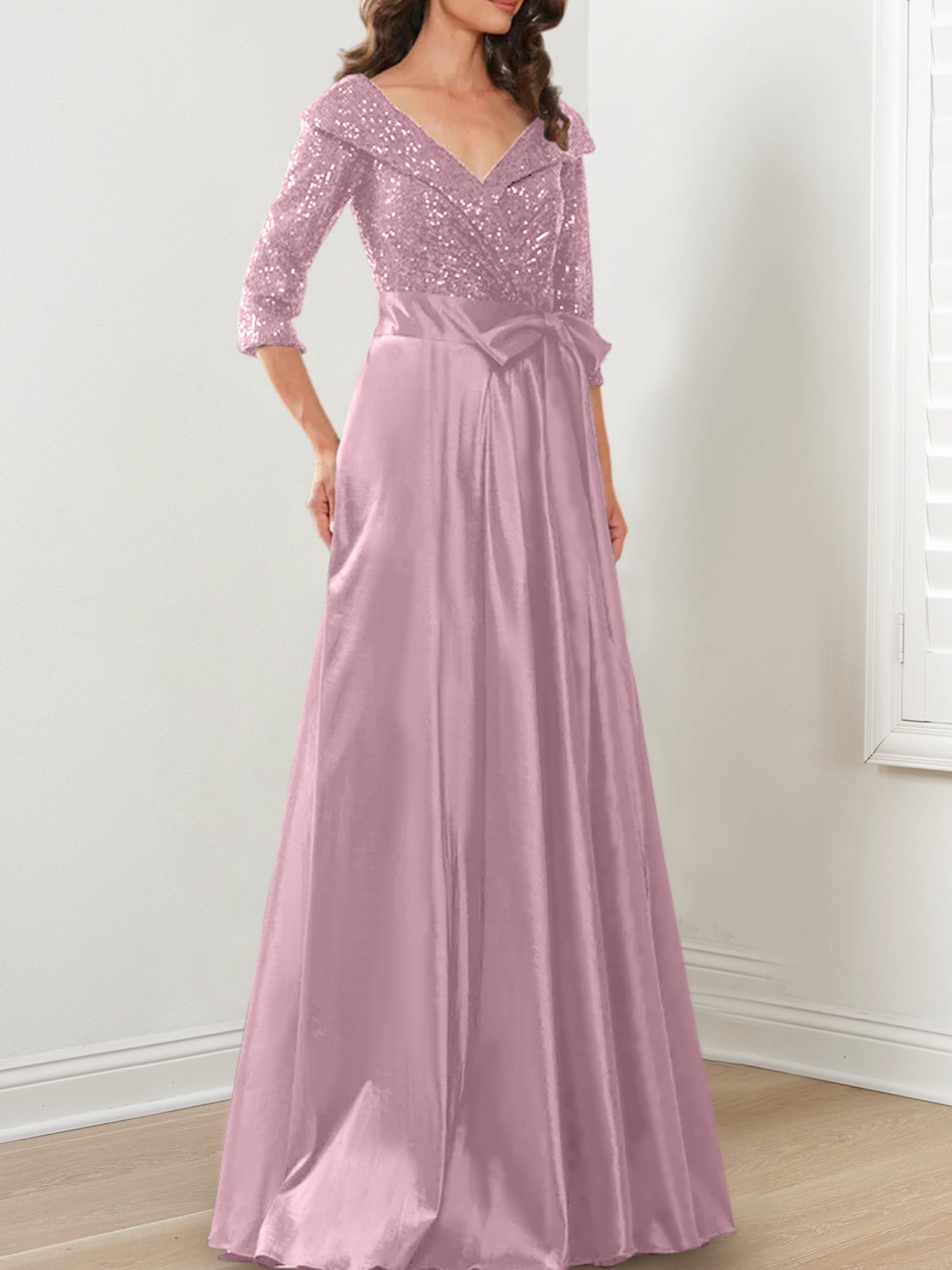 Vestidos de corte princesa/línea A con escote en V hasta el suelo para la madre de la novia 