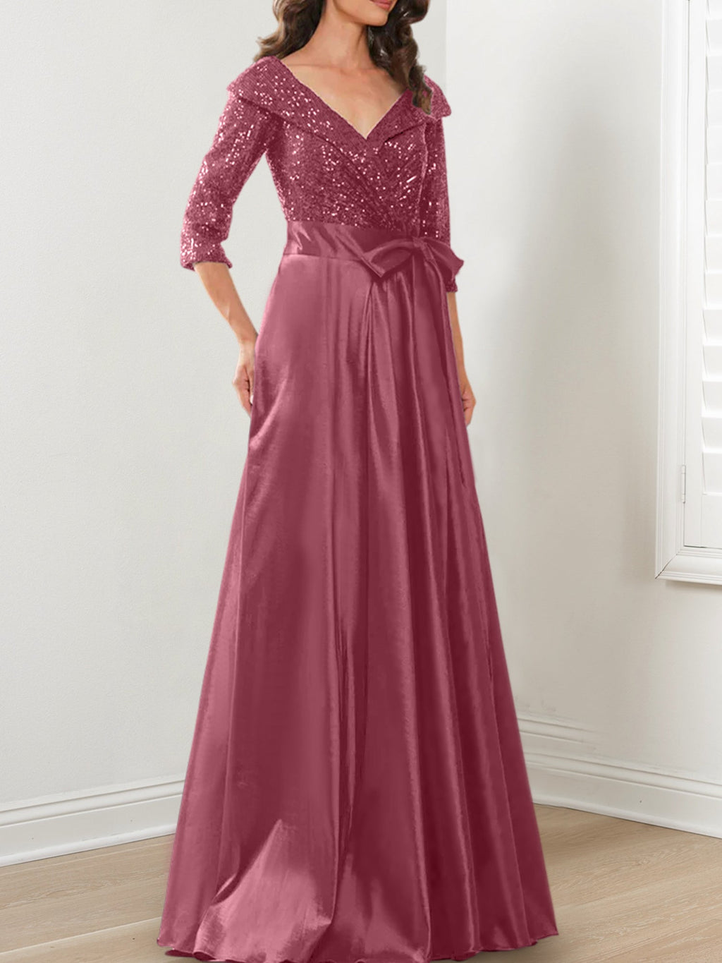 Vestidos de corte princesa/línea A con escote en V hasta el suelo para la madre de la novia 