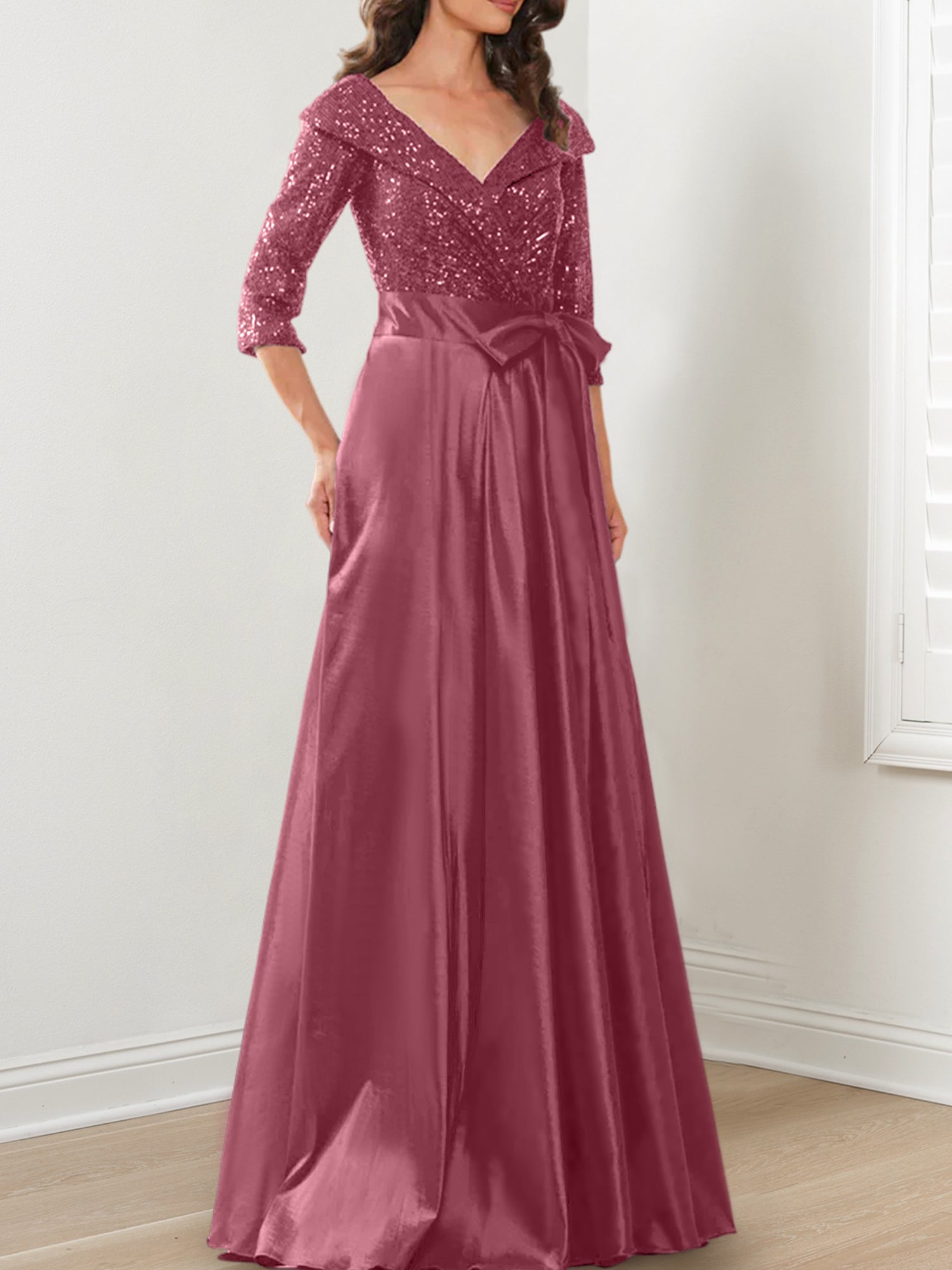Vestidos de corte princesa/línea A con escote en V hasta el suelo para la madre de la novia 
