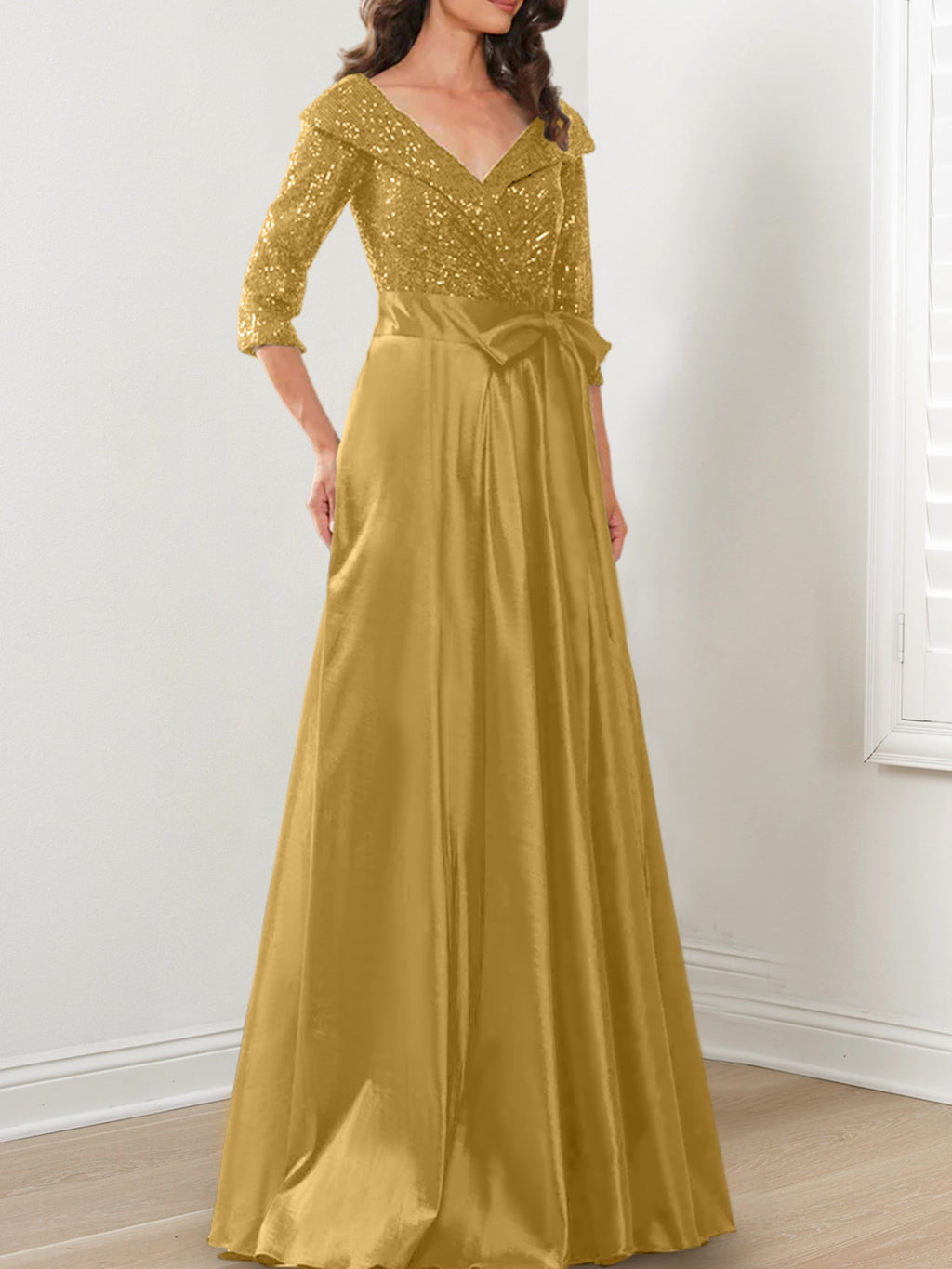 Vestidos de corte princesa/línea A con escote en V hasta el suelo para la madre de la novia 