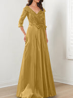 Vestidos de corte princesa/línea A con escote en V hasta el suelo para la madre de la novia 