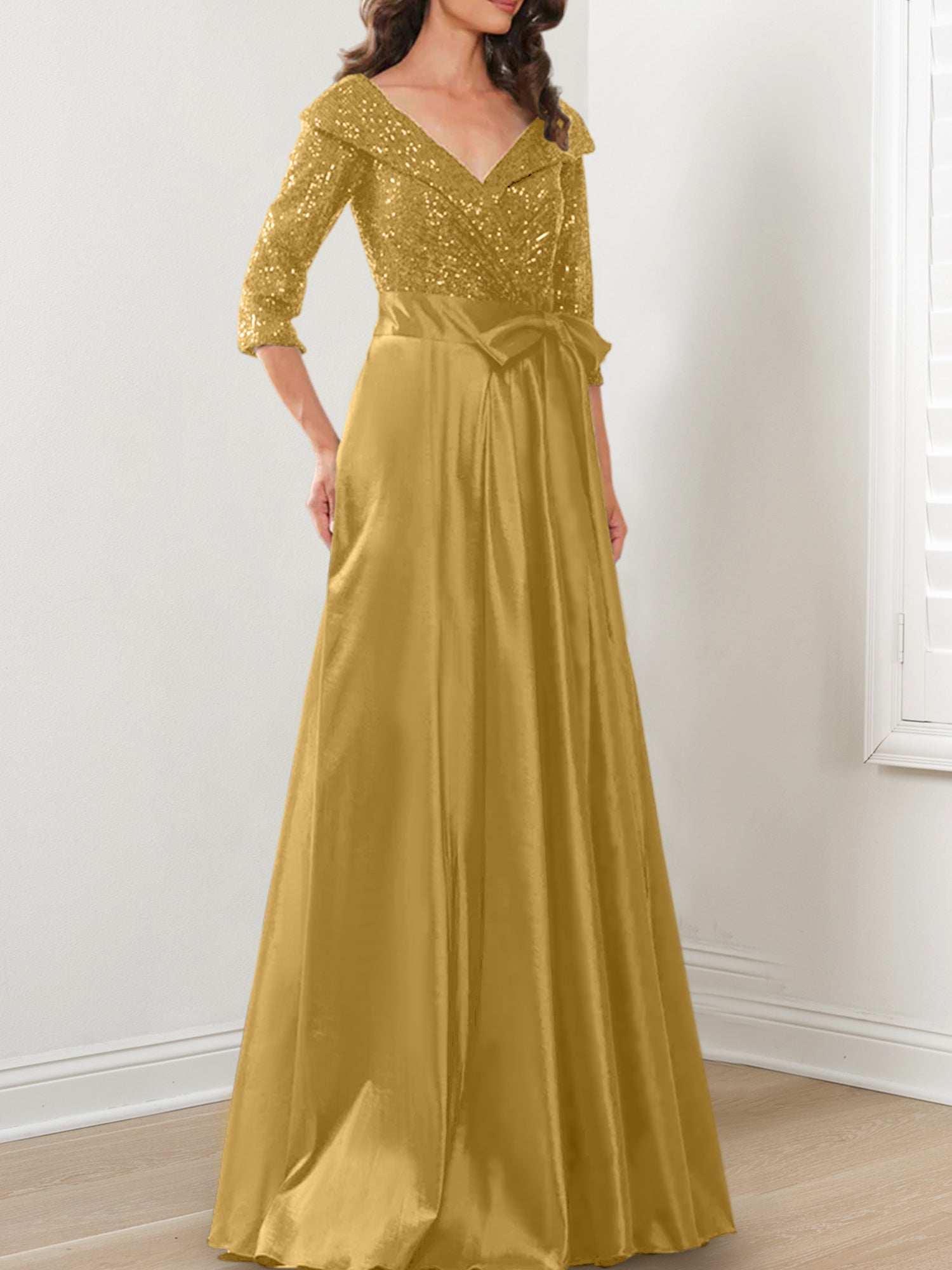 Vestidos de corte princesa/línea A con escote en V hasta el suelo para la madre de la novia 