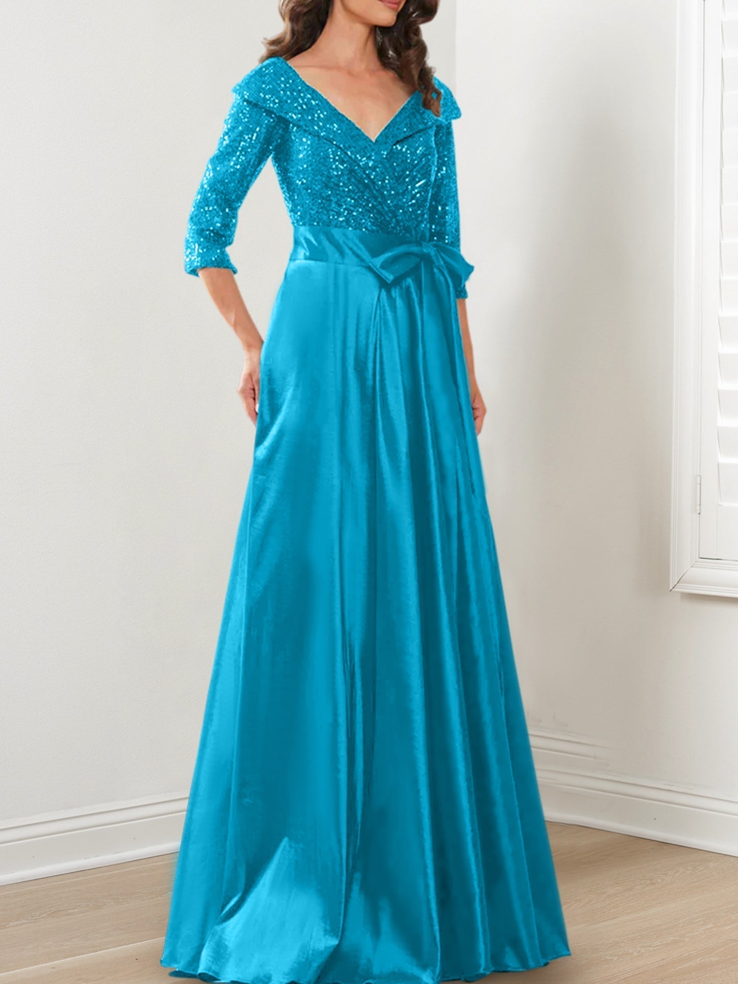 Vestidos de corte princesa/línea A con escote en V hasta el suelo para la madre de la novia 