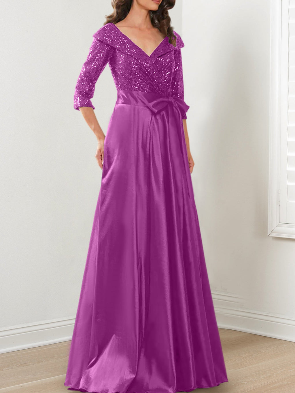 Vestidos de corte princesa/línea A con escote en V hasta el suelo para la madre de la novia 