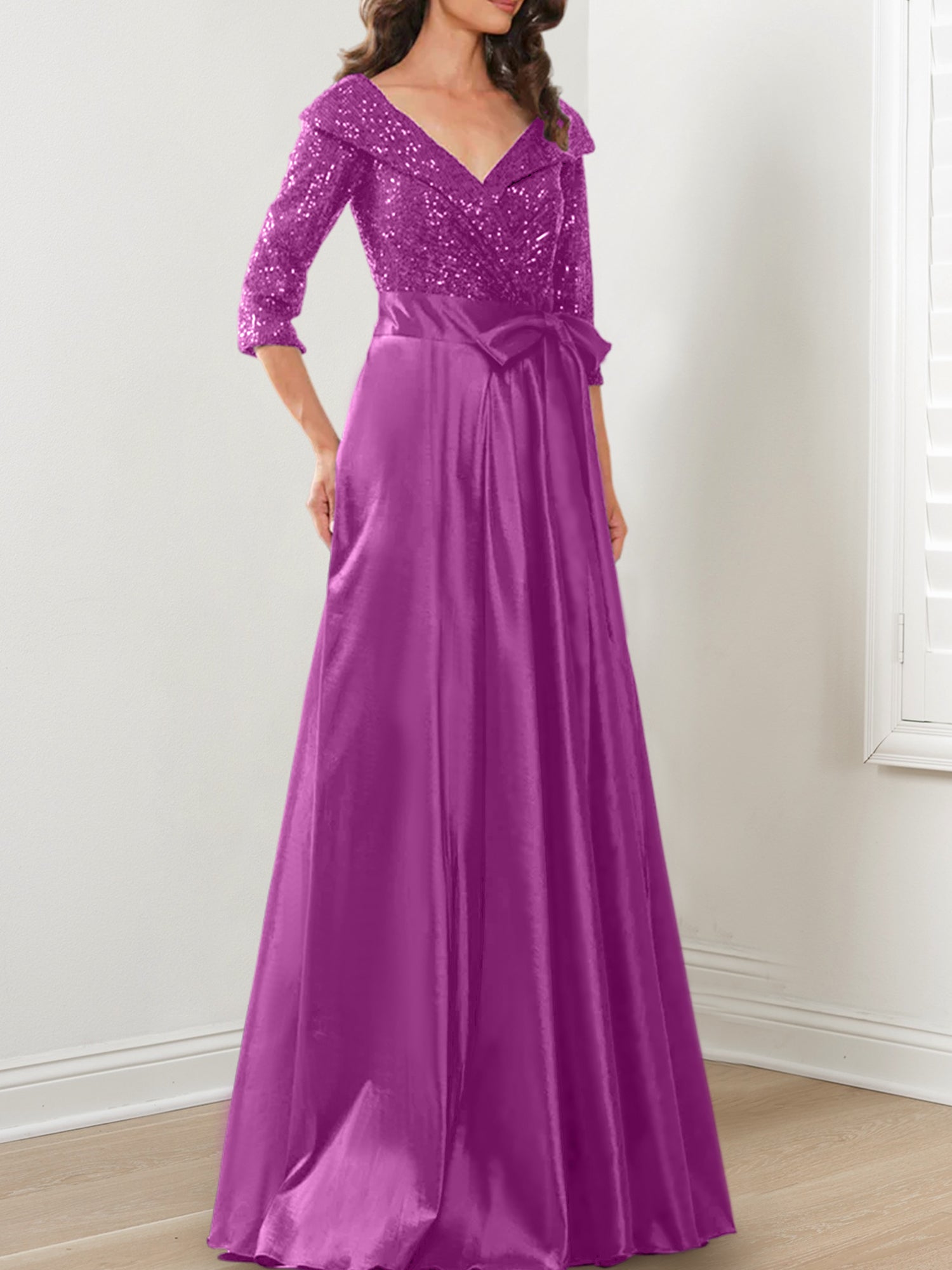 Vestidos de corte princesa/línea A con escote en V hasta el suelo para la madre de la novia 