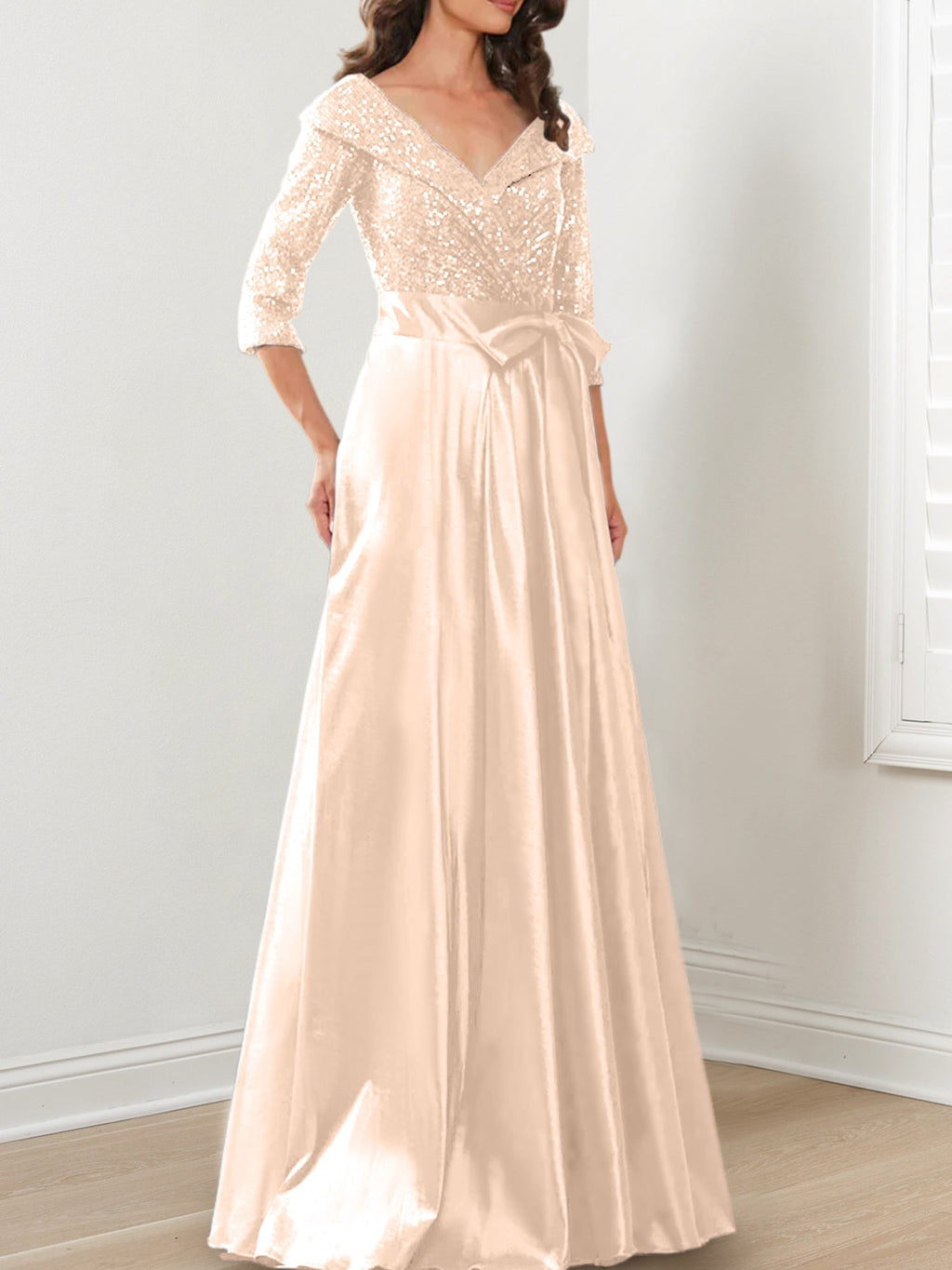 Vestidos de corte princesa/línea A con escote en V hasta el suelo para la madre de la novia 