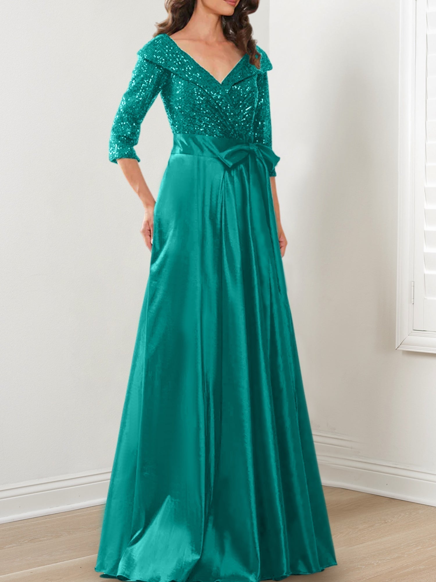 Vestidos de corte princesa/línea A con escote en V hasta el suelo para la madre de la novia 