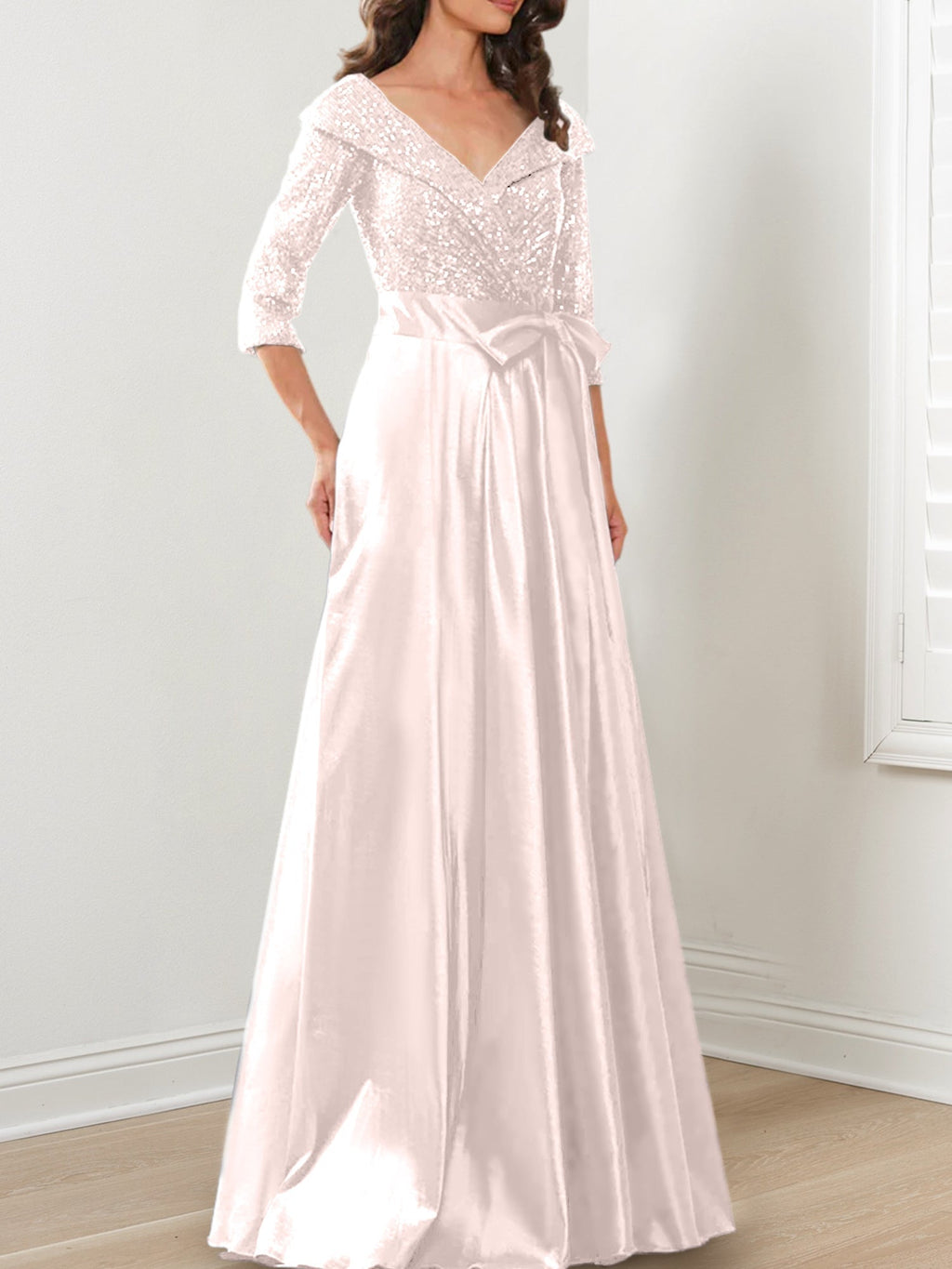 Vestidos de corte princesa/línea A con escote en V hasta el suelo para la madre de la novia 
