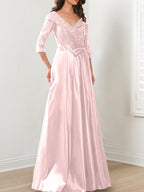 Vestidos de corte princesa/línea A con escote en V hasta el suelo para la madre de la novia 