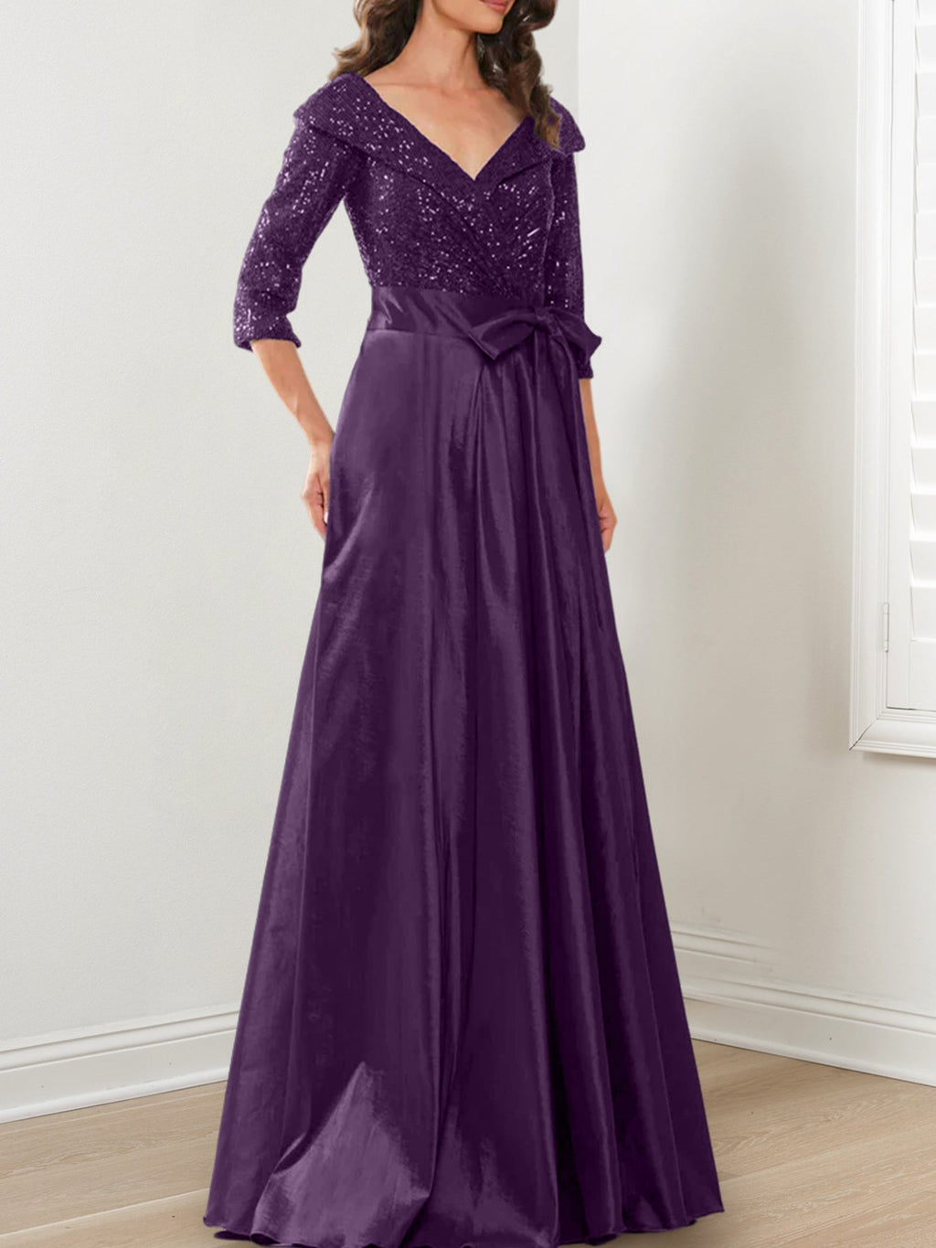 Vestidos de corte princesa/línea A con escote en V hasta el suelo para la madre de la novia 