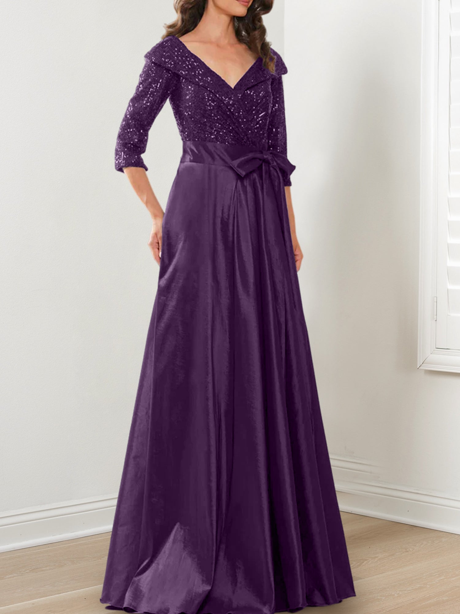 Vestidos de corte princesa/línea A con escote en V hasta el suelo para la madre de la novia 