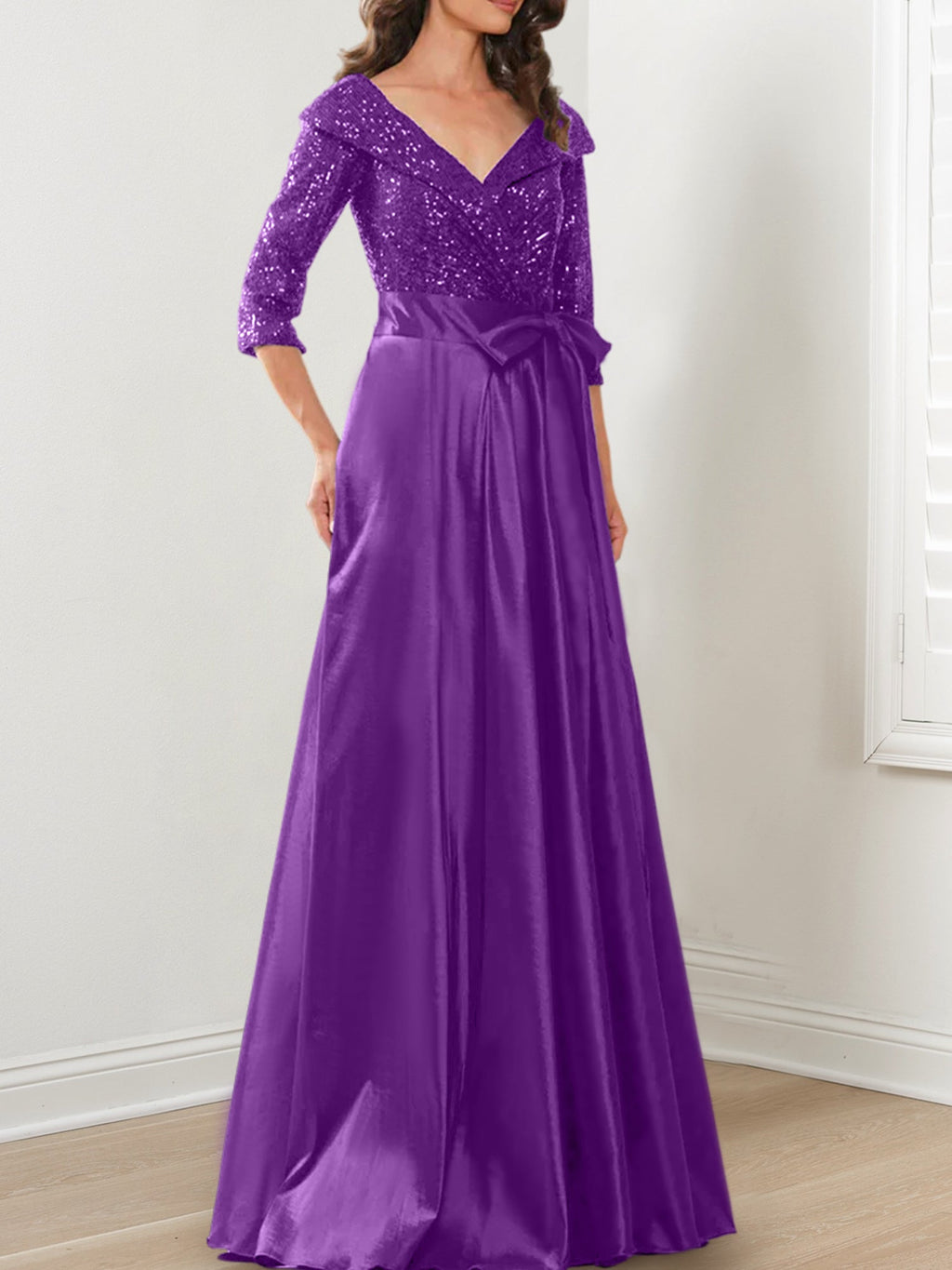 Vestidos de corte princesa/línea A con escote en V hasta el suelo para la madre de la novia 