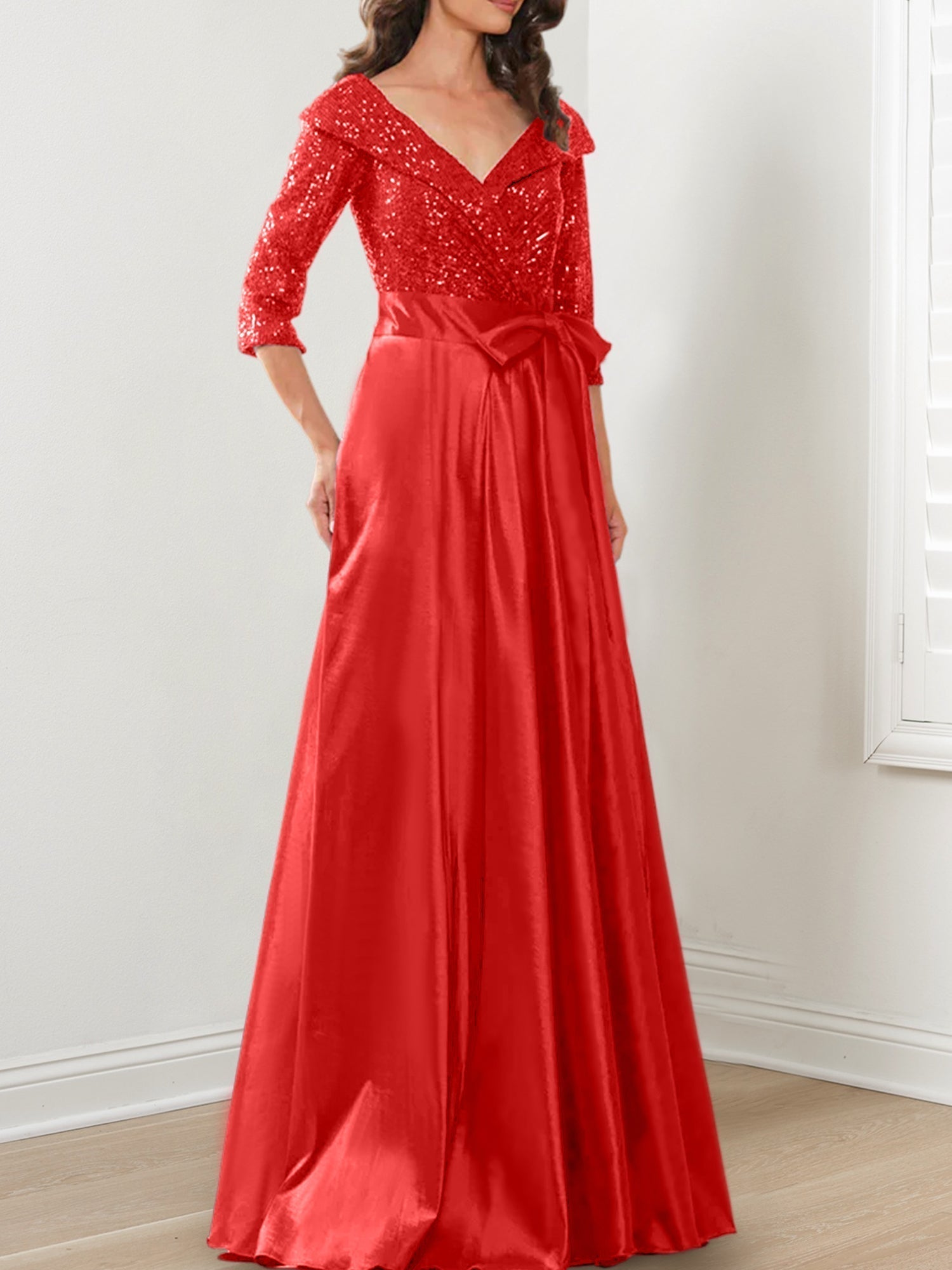 Vestidos de corte princesa/línea A con escote en V hasta el suelo para la madre de la novia 