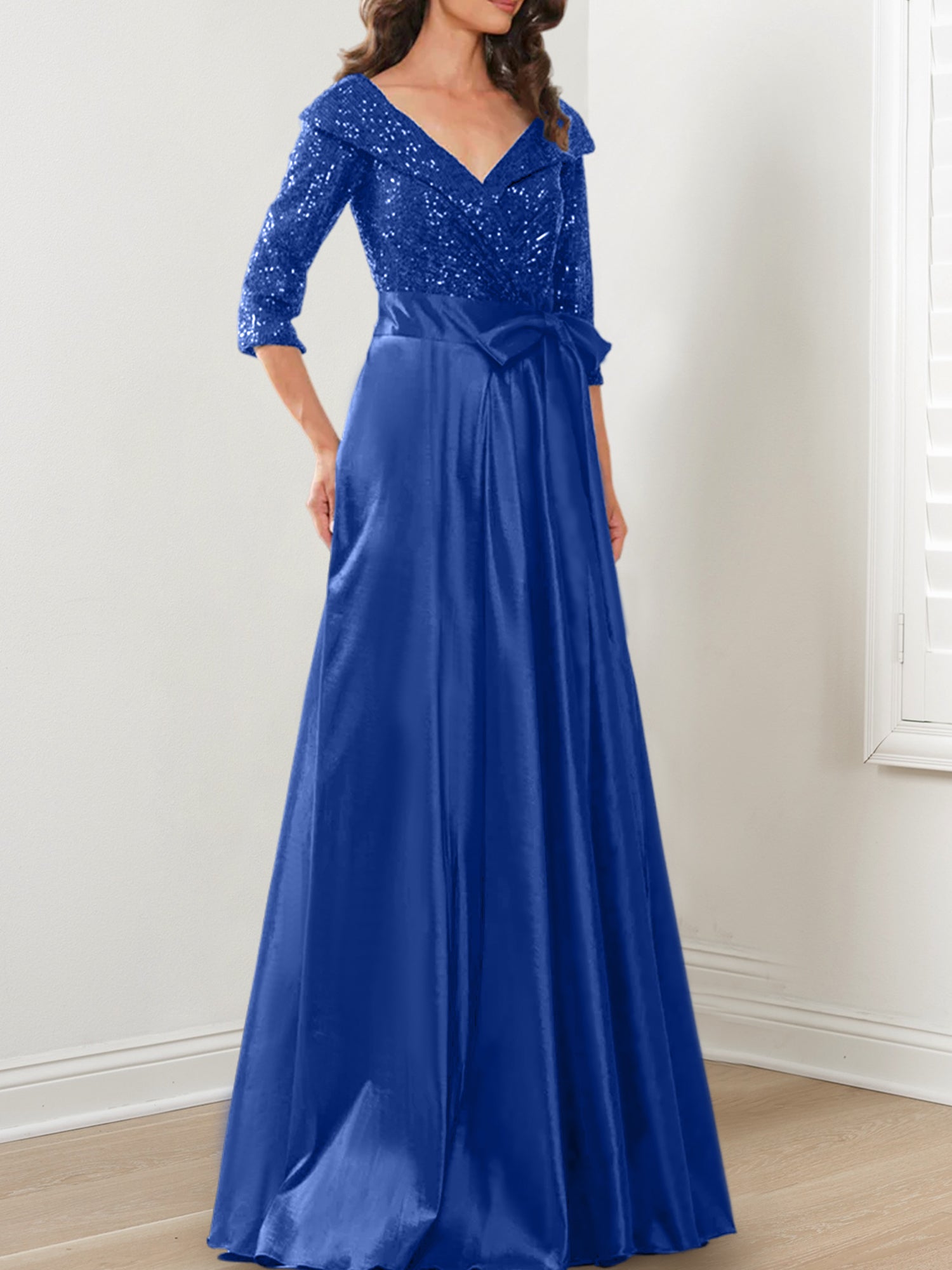 Vestidos de corte princesa/línea A con escote en V hasta el suelo para la madre de la novia 