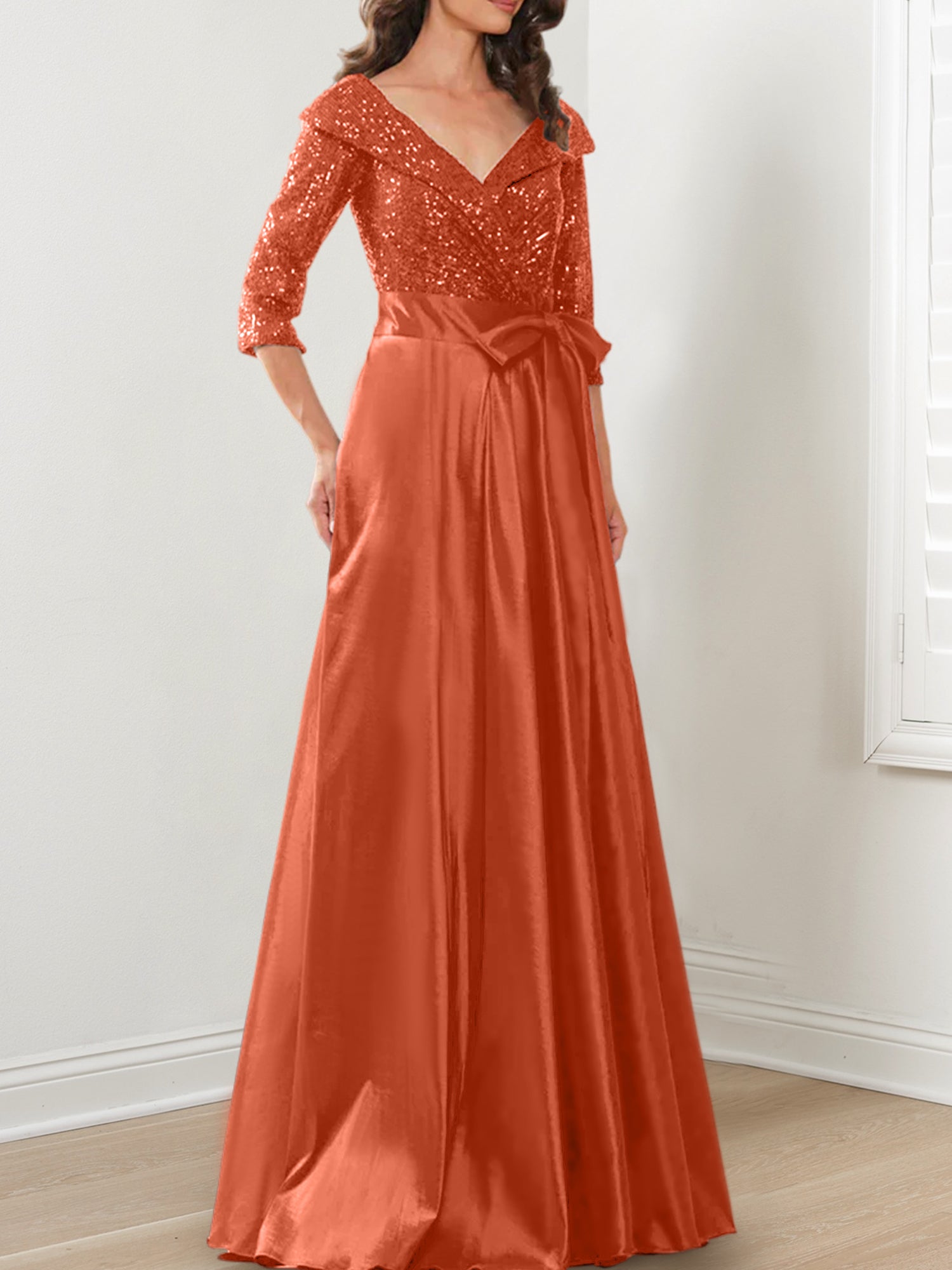 Vestidos de corte princesa/línea A con escote en V hasta el suelo para la madre de la novia 