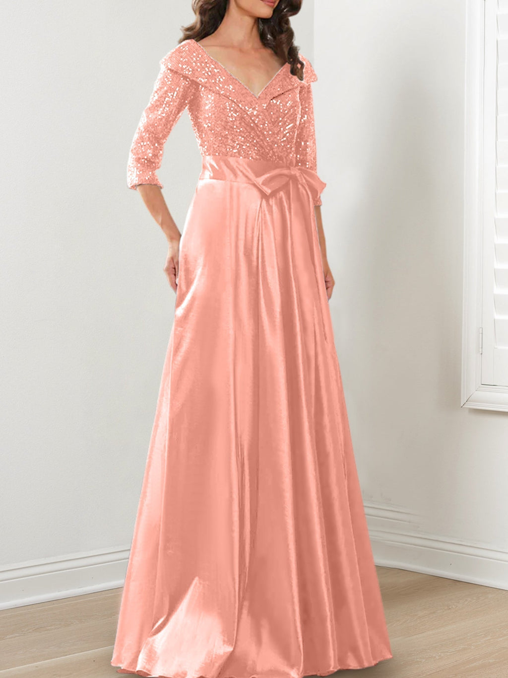 Vestidos de corte princesa/línea A con escote en V hasta el suelo para la madre de la novia 