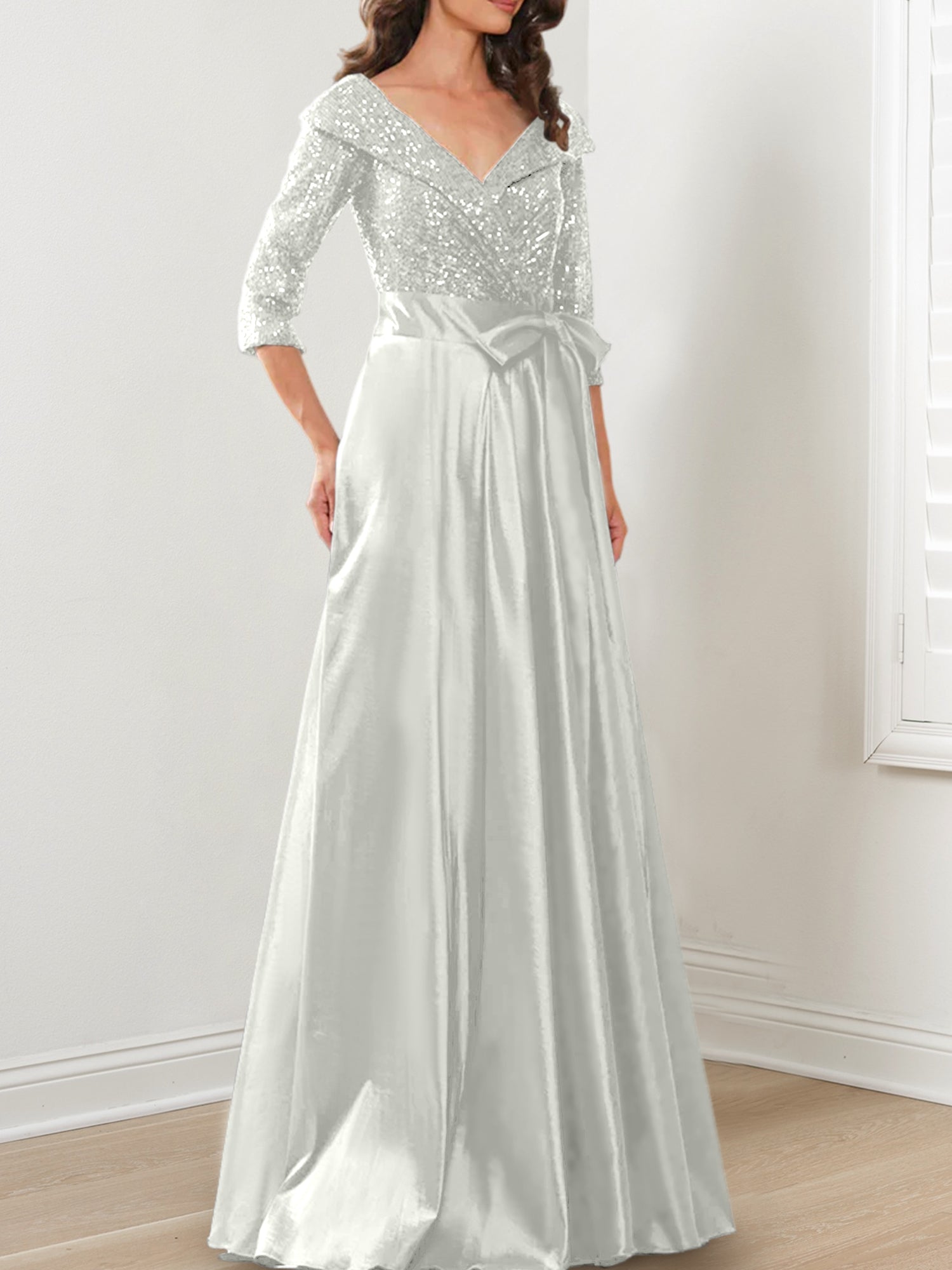 Vestidos de corte princesa/línea A con escote en V hasta el suelo para la madre de la novia 