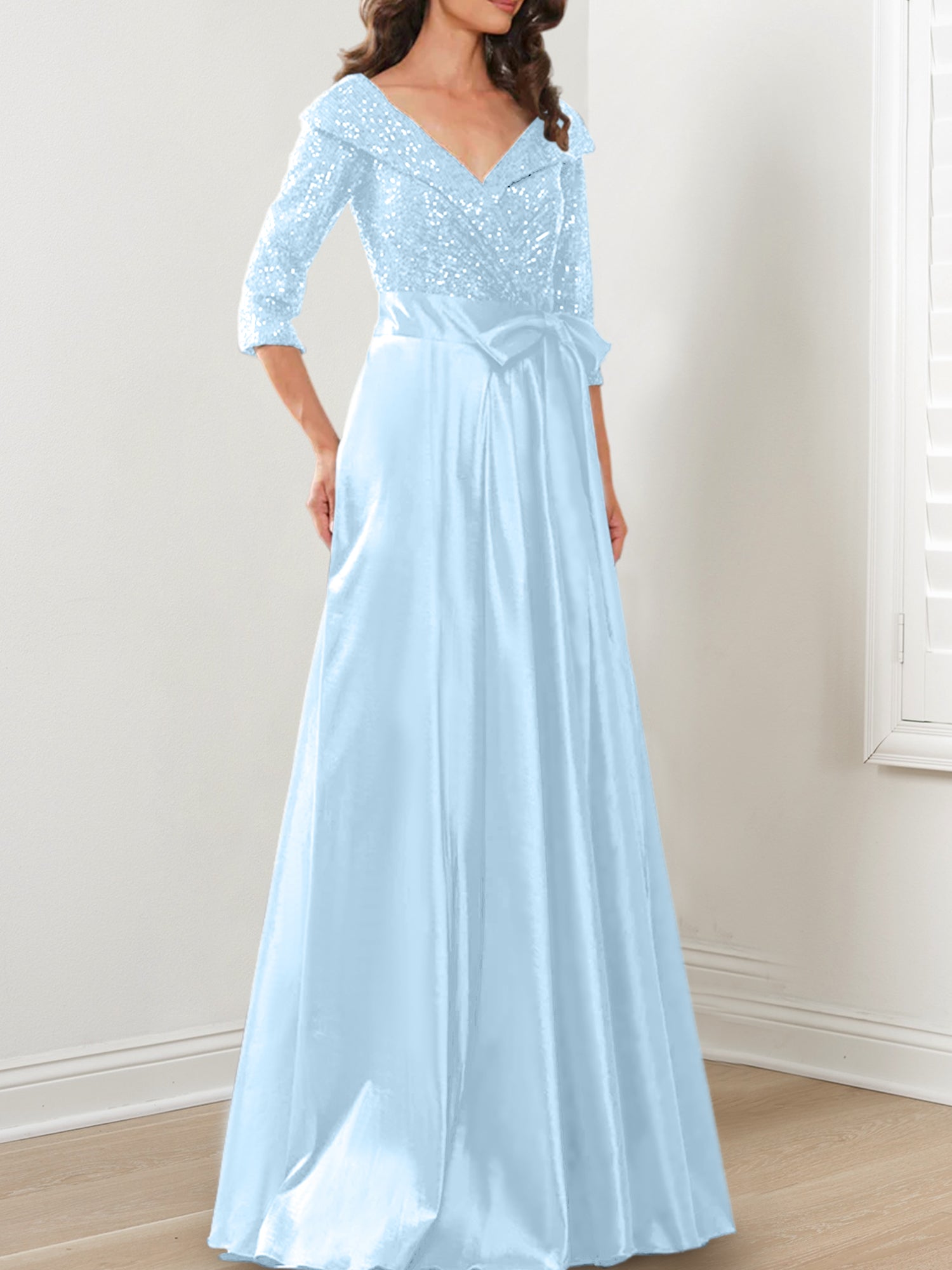 Vestidos de corte princesa/línea A con escote en V hasta el suelo para la madre de la novia 