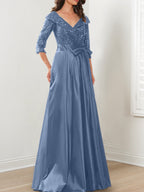 Vestidos de corte princesa/línea A con escote en V hasta el suelo para la madre de la novia 