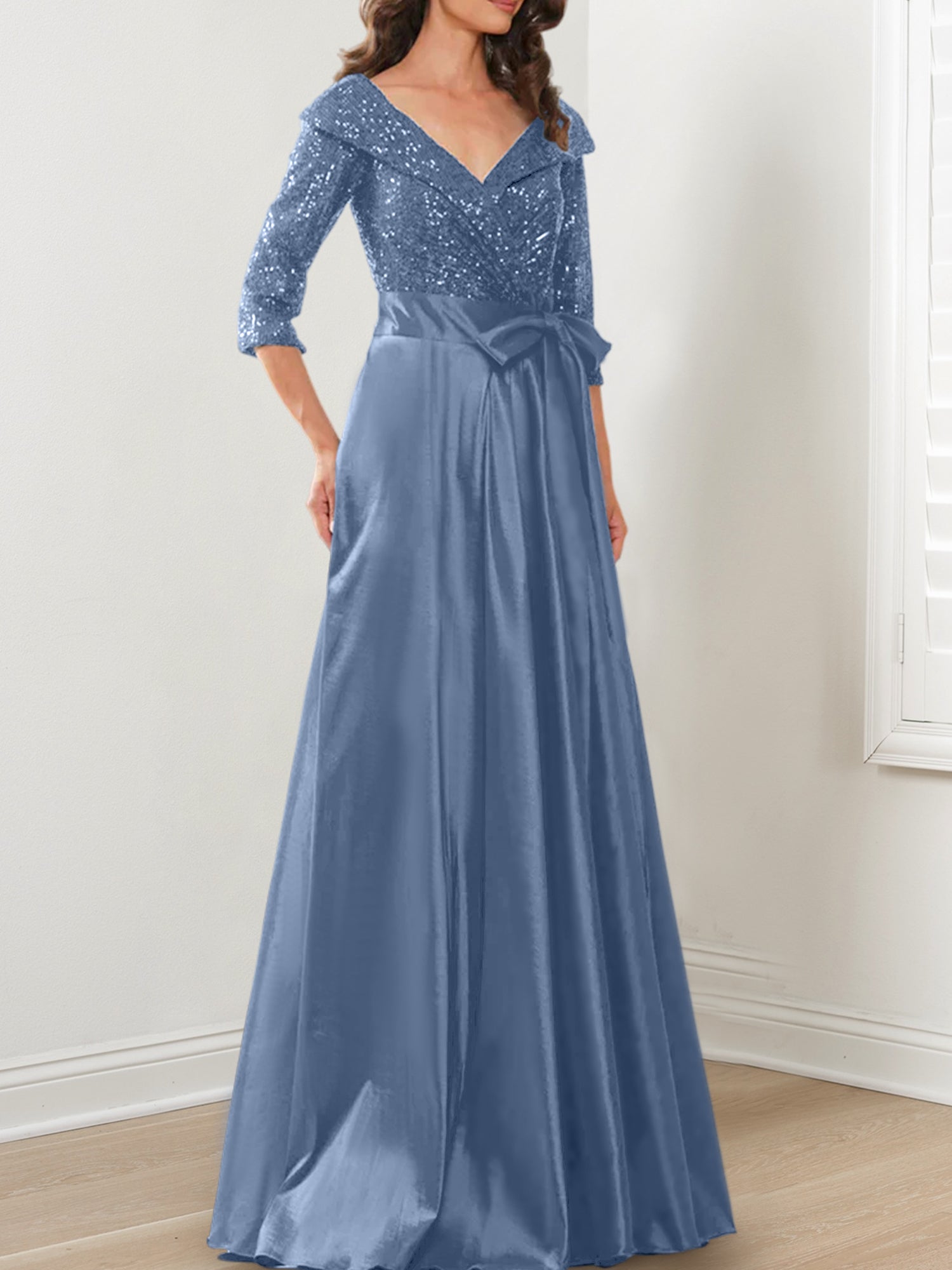 Vestidos de corte princesa/línea A con escote en V hasta el suelo para la madre de la novia 