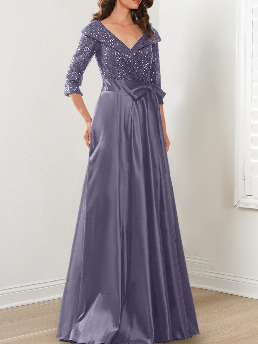 Vestidos de corte princesa/línea A con escote en V hasta el suelo para la madre de la novia 