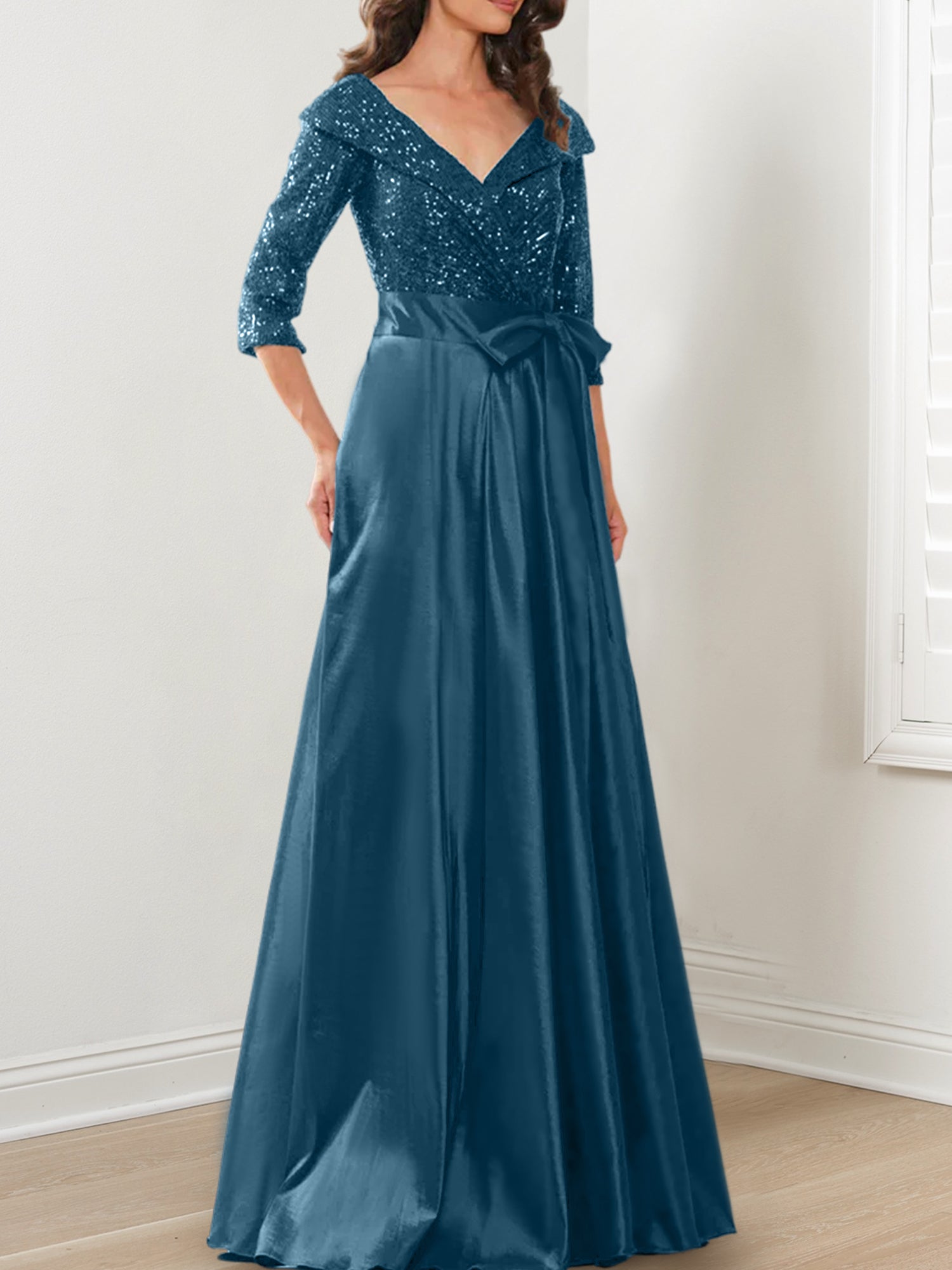 Vestidos de corte princesa/línea A con escote en V hasta el suelo para la madre de la novia 