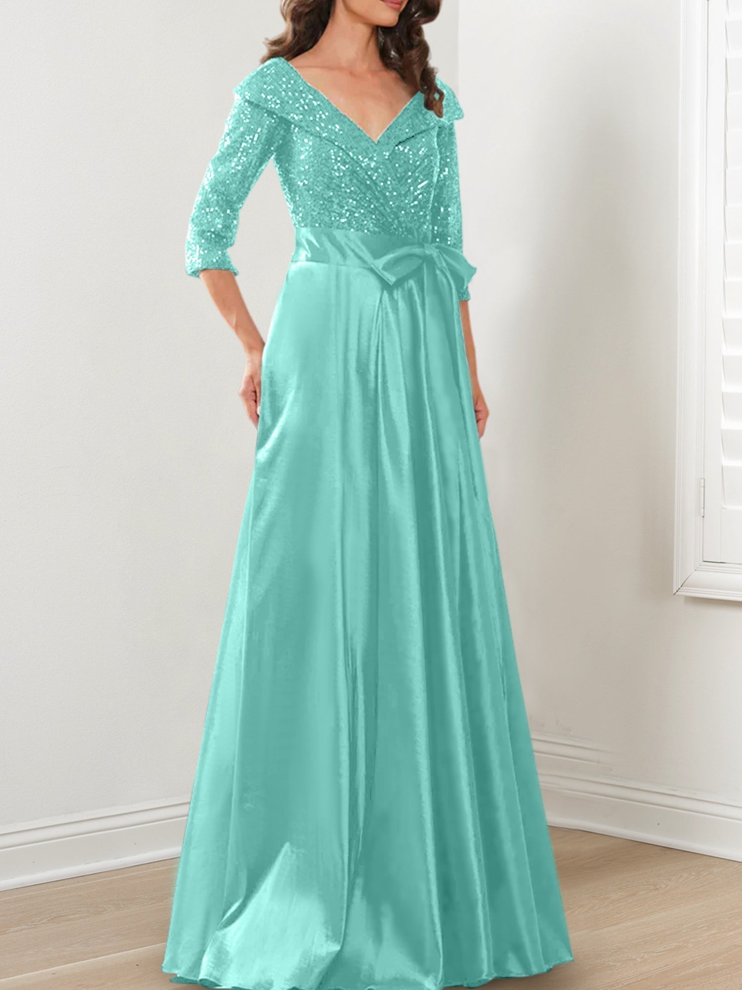 Vestidos de corte princesa/línea A con escote en V hasta el suelo para la madre de la novia 