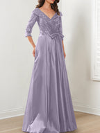 Vestidos de corte princesa/línea A con escote en V hasta el suelo para la madre de la novia 