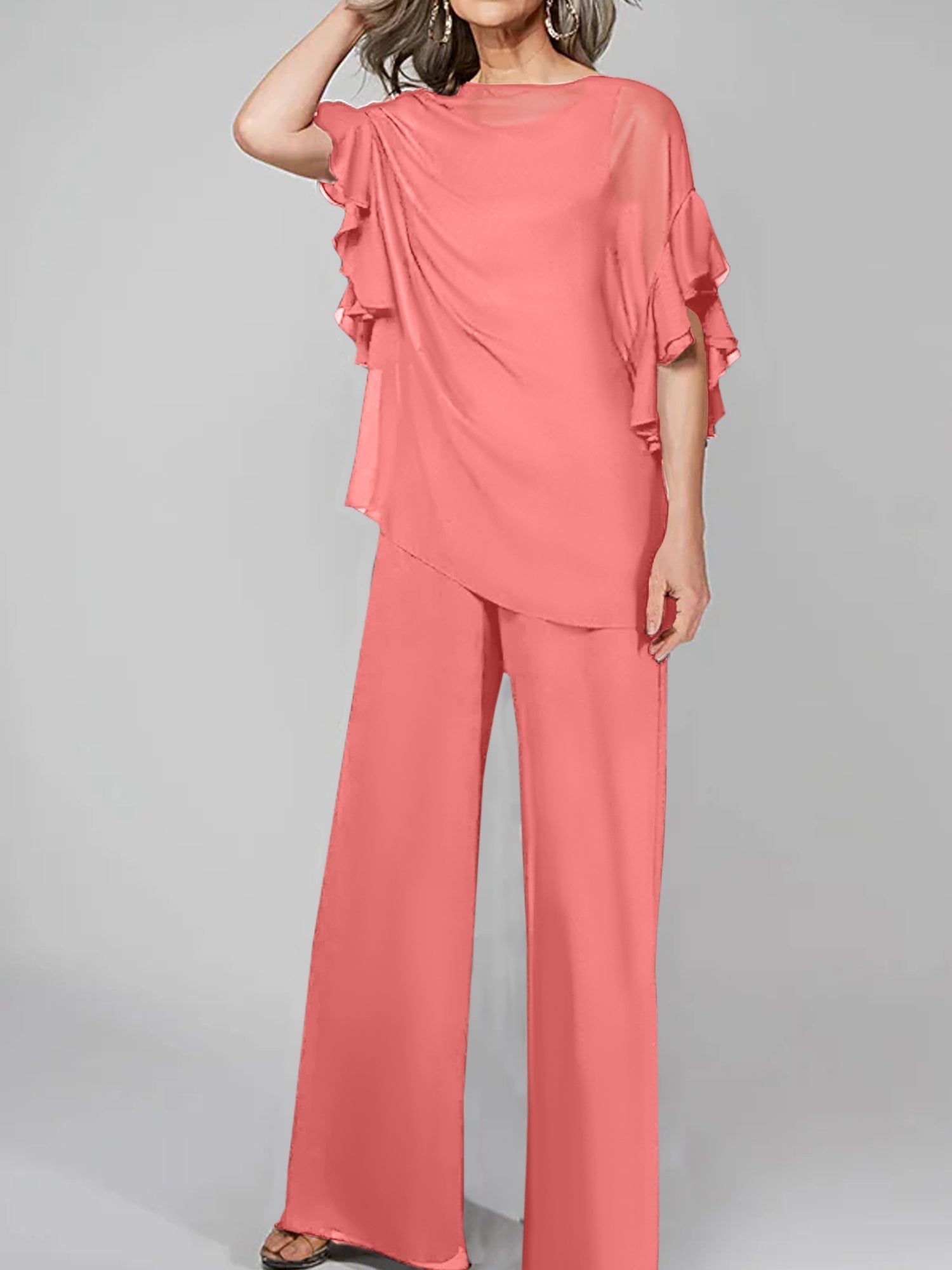 Monos de manga corta con escote redondo, de gasa, para la madre de la novia. Trajes de pantalón. 