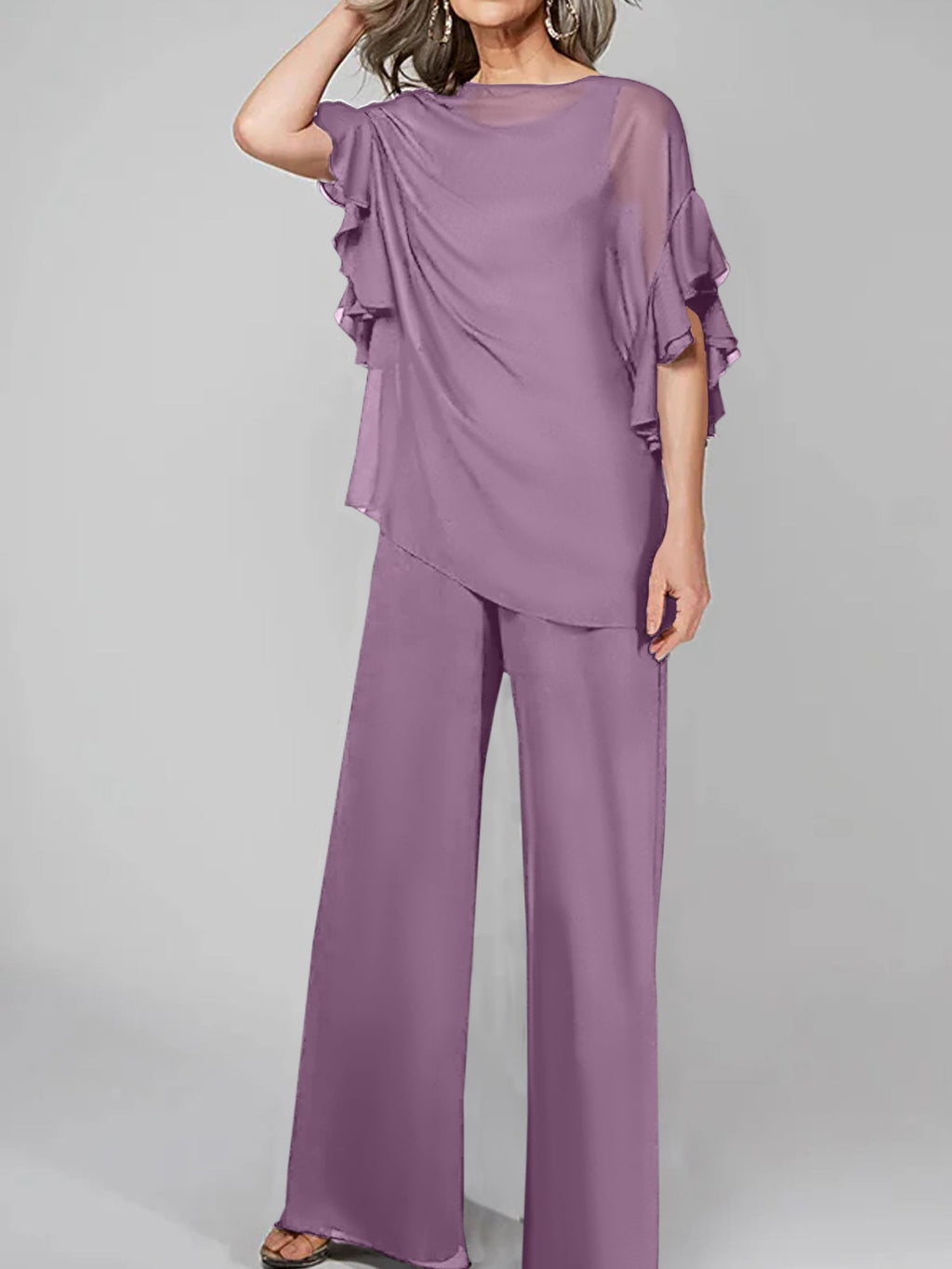 Monos de manga corta con escote redondo, de gasa, para la madre de la novia. Trajes de pantalón. 