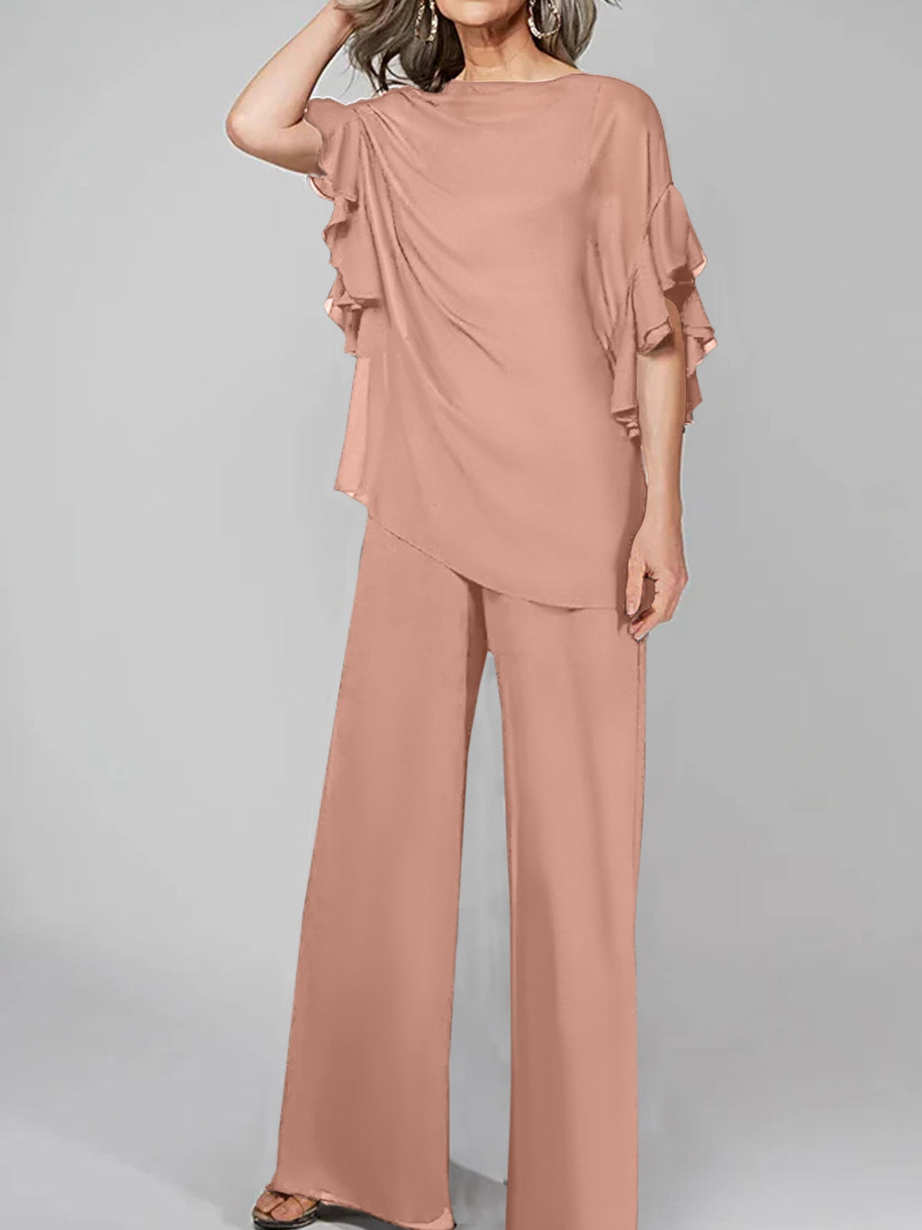 Monos de manga corta con escote redondo, de gasa, para la madre de la novia. Trajes de pantalón. 