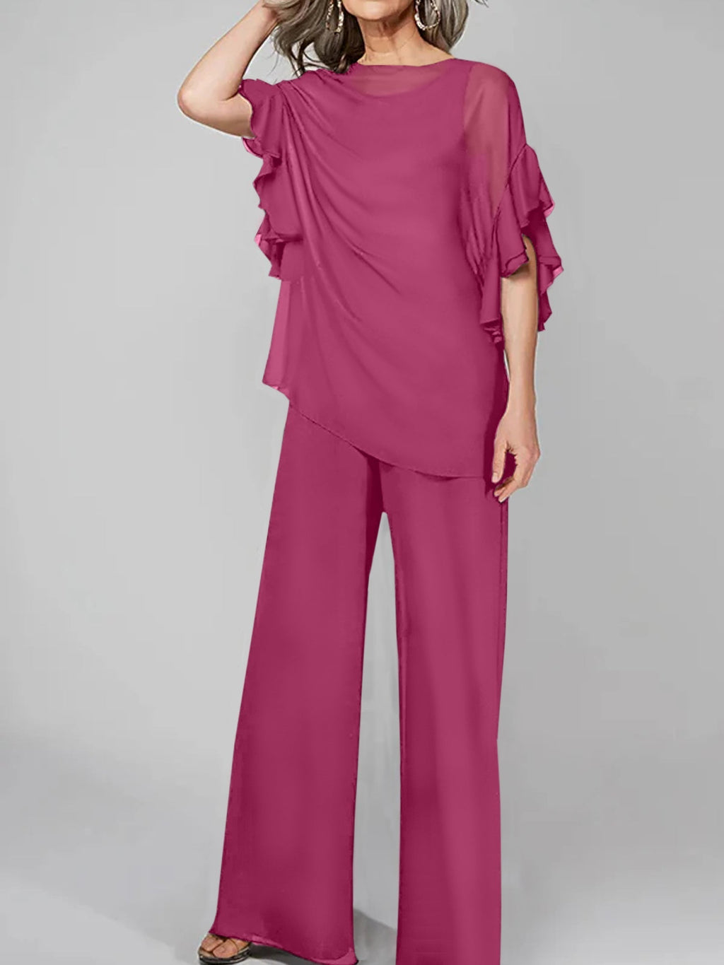 Monos de manga corta con escote redondo, de gasa, para la madre de la novia. Trajes de pantalón. 