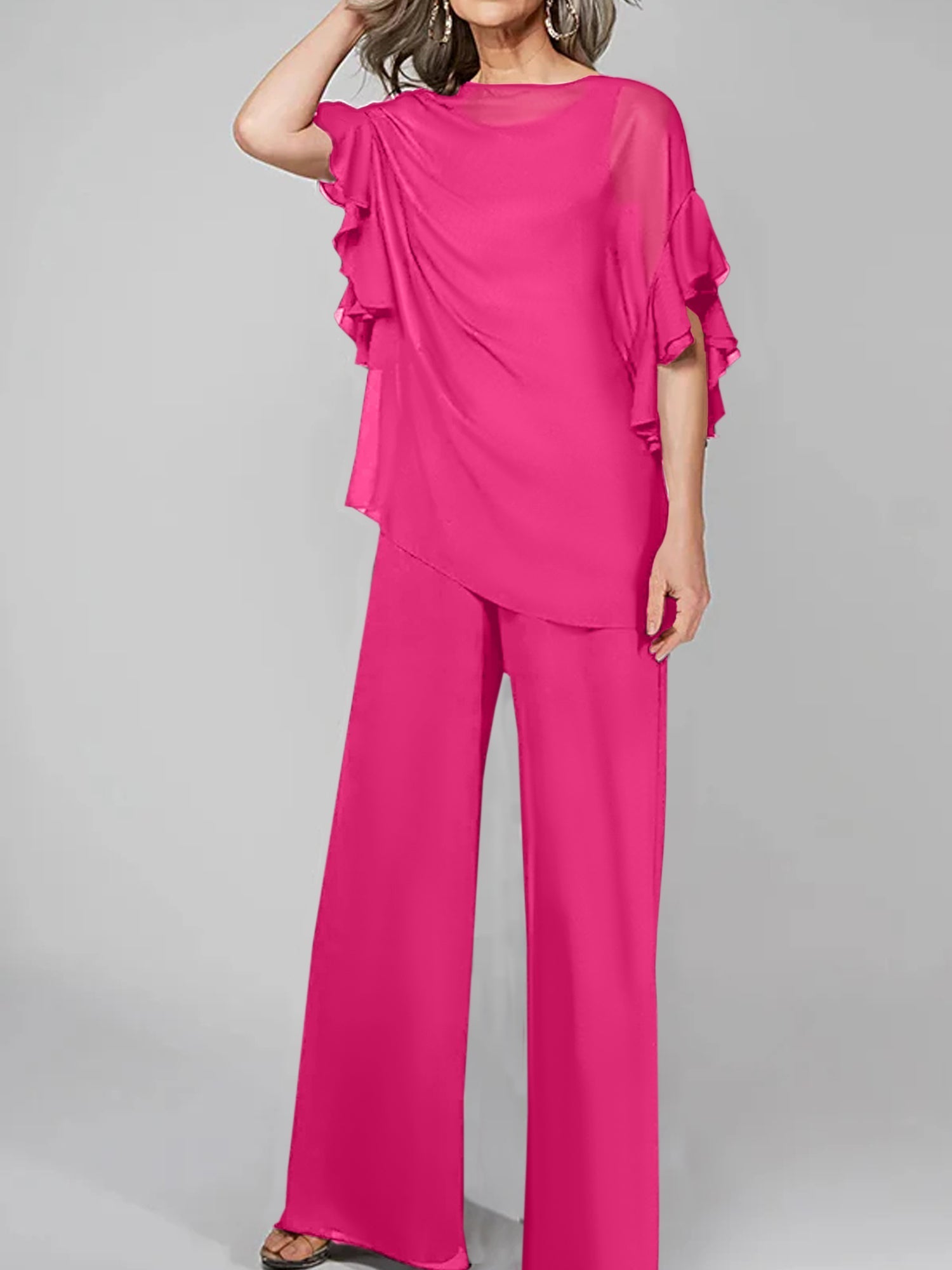 Monos de manga corta con escote redondo, de gasa, para la madre de la novia. Trajes de pantalón. 