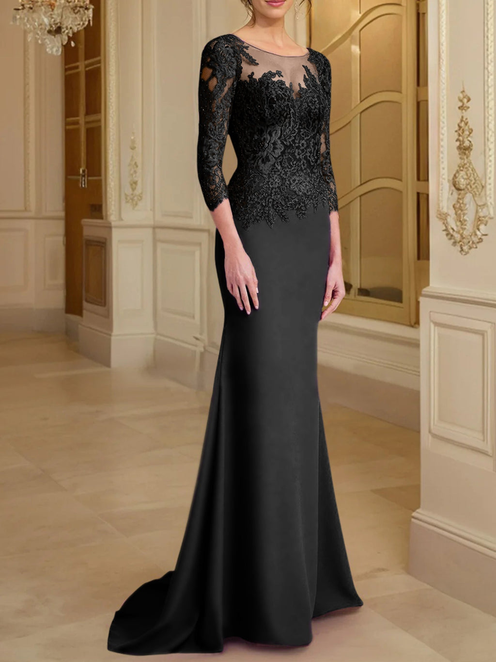 Robe de mère de la mariée en dentelle, coupe trompette/sirène, manches longues et décolleté rond. 