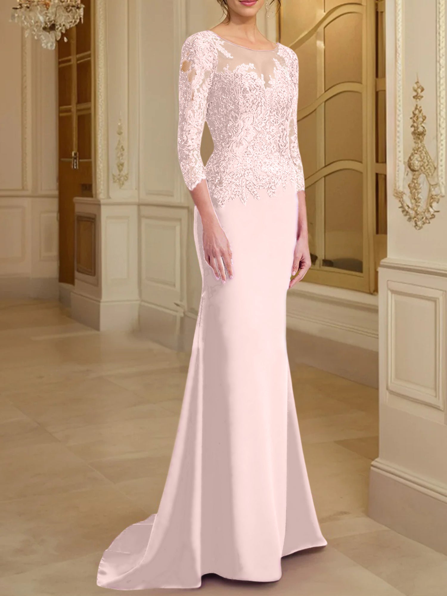 Robe de mère de la mariée en dentelle, coupe trompette/sirène, manches longues et décolleté rond. 