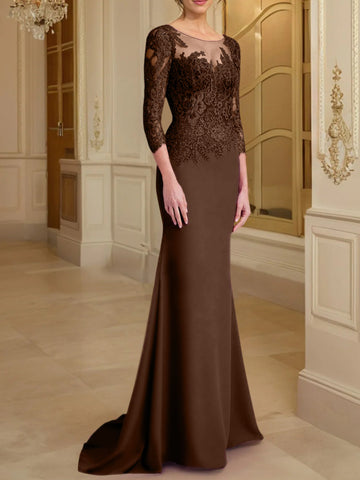 Robe de mère de la mariée en dentelle, coupe trompette/sirène, manches longues et décolleté rond. 